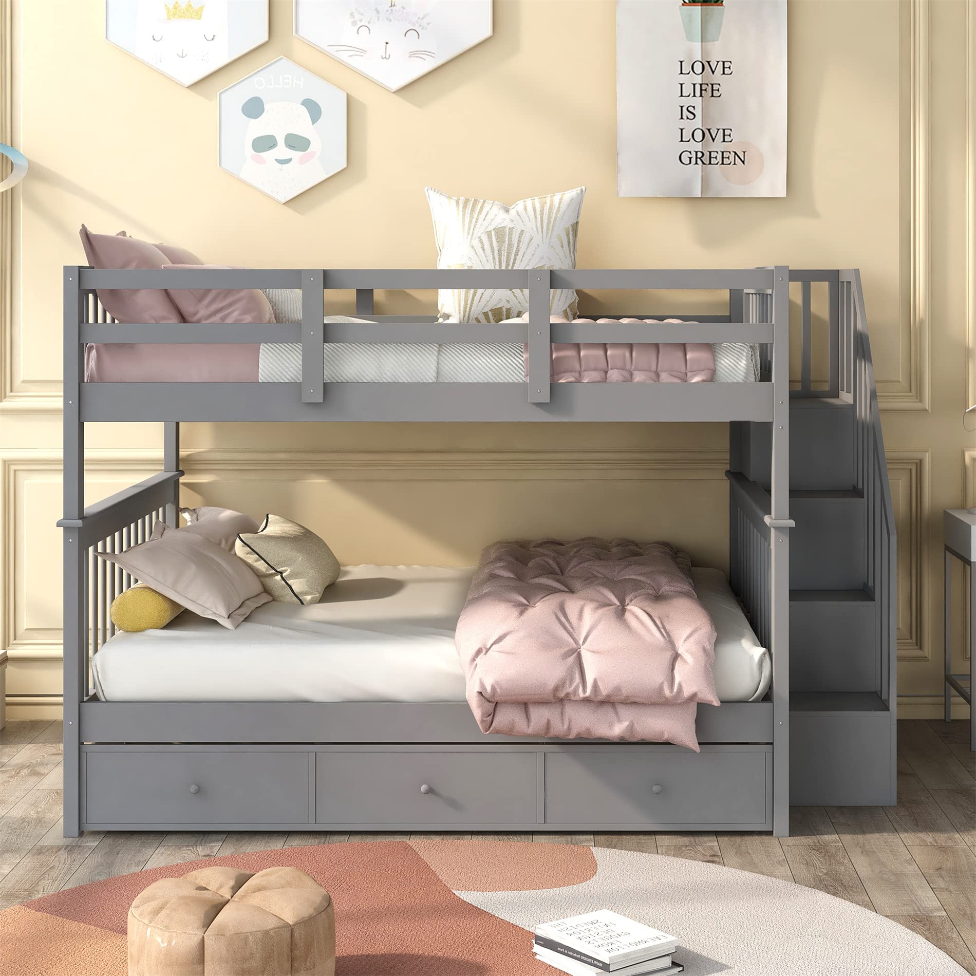 Harper & Bright Designs Full Over Full Bunk Bed with Storage Drawers - Sturdy Wood Bunk Bed with Stairs & Safety Guard Rail - Space-Saving Bed Frame for Kids, Teens & Adults - Perfect for Bedrooms, Dorm Rooms & Small Spaces (Full Size, Gray Finish)