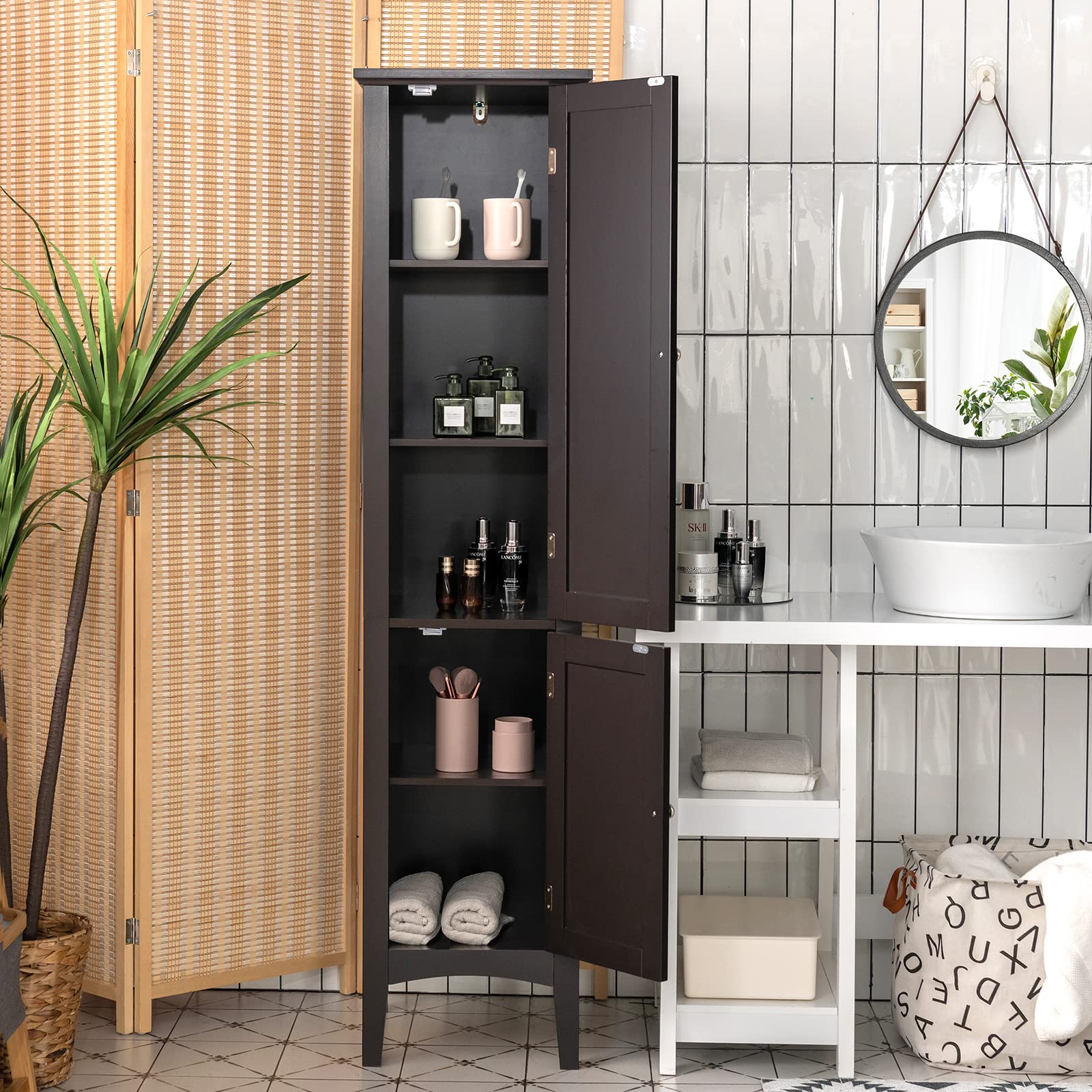 Tangkula 5-Tier Tall Bathroom Storage Cabinet - Freestanding Wooden Tower Organizer with 2 Doors & Shelves for Bathroom, Living Room, Kitchen - Narrow Floor Cabinet (Brown) | Perfect for Small Spaces, Apartment Storage & Home Organization