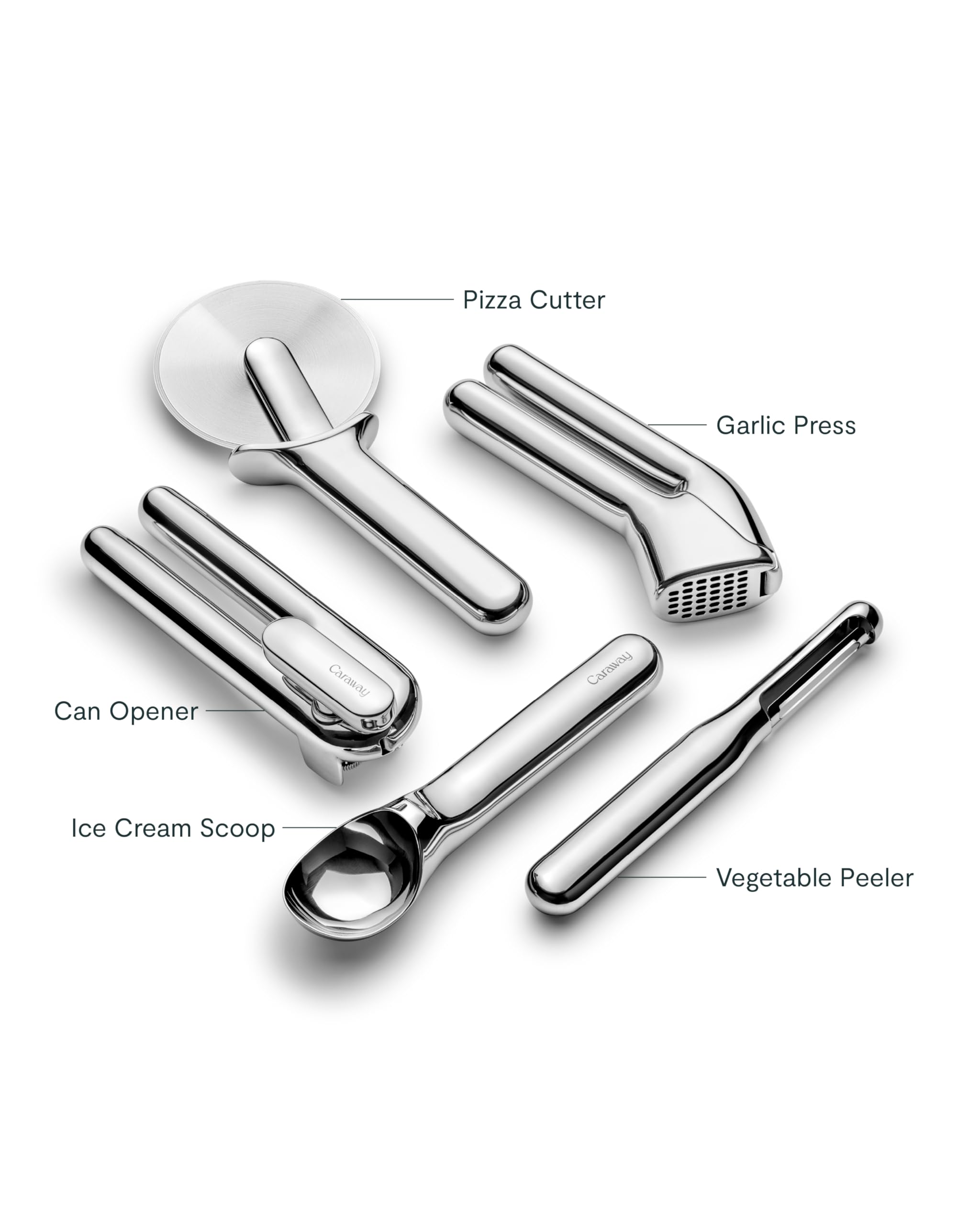 Caraway 5-Piece Stainless Steel Kitchen Gadget Set - Can Opener, Pizza Cutter, Garlic Press, Ice Cream Scoop & Vegetable Peeler with Storage Organizer - Essential Cooking Tools for Home Chefs & Baking Enthusiasts
