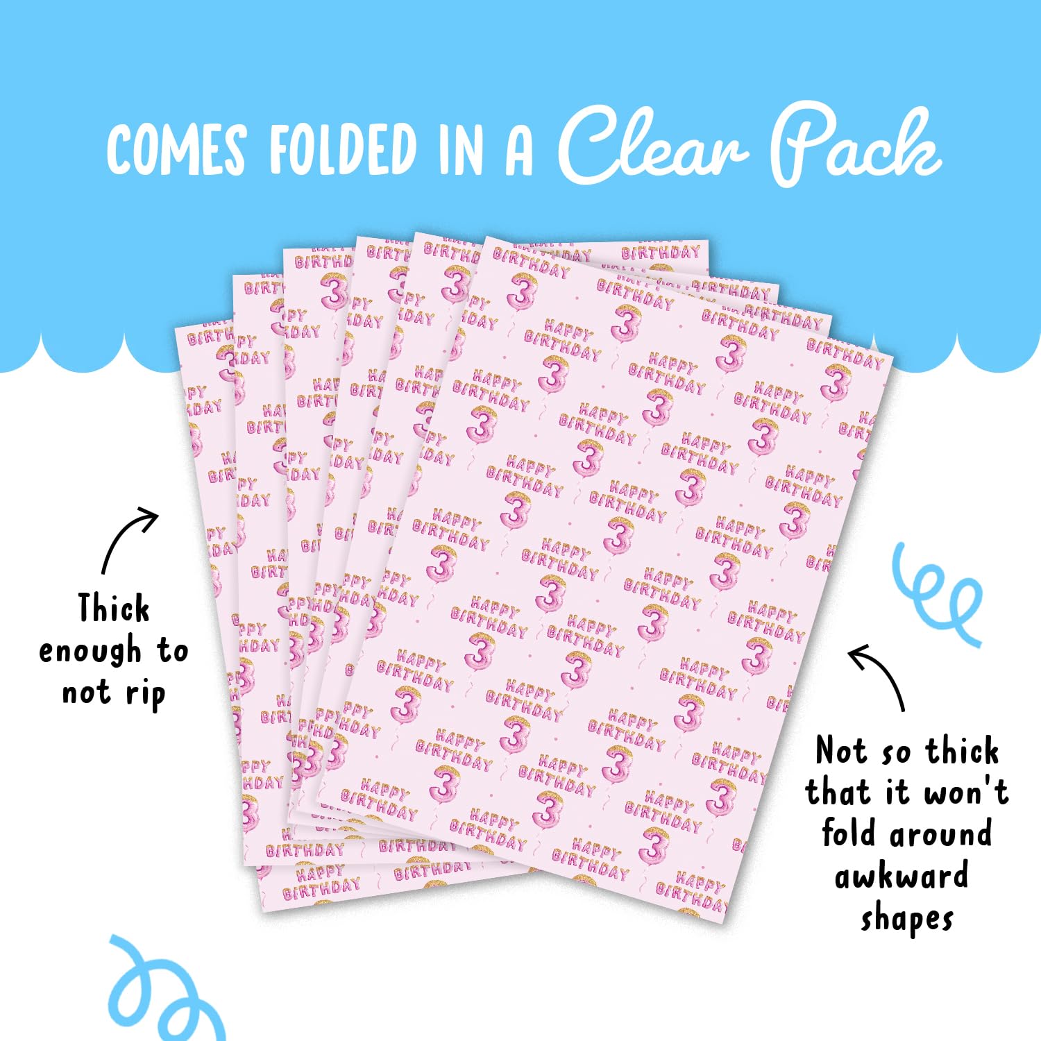 Happy 3rd Birthday Wrapping Paper for Girls - 6 Sheets Pink Recyclable Gift Wrap with Stickers | Perfect for Birthday Party Decorations, Present Wrapping & Special Occasions