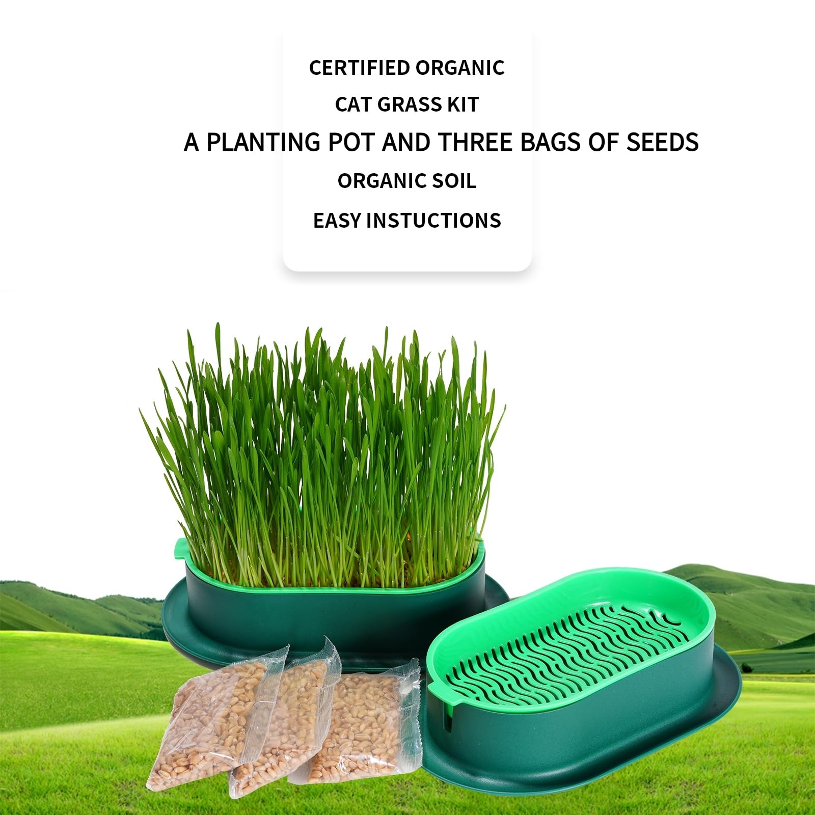 Organic Cat Grass Growing Kit - Hydroponic Indoor Soilless Planter for Cats | Easy to Grow 100% Natural Wheatgrass | Perfect for Indoor Cat Enrichment & Digestive Health