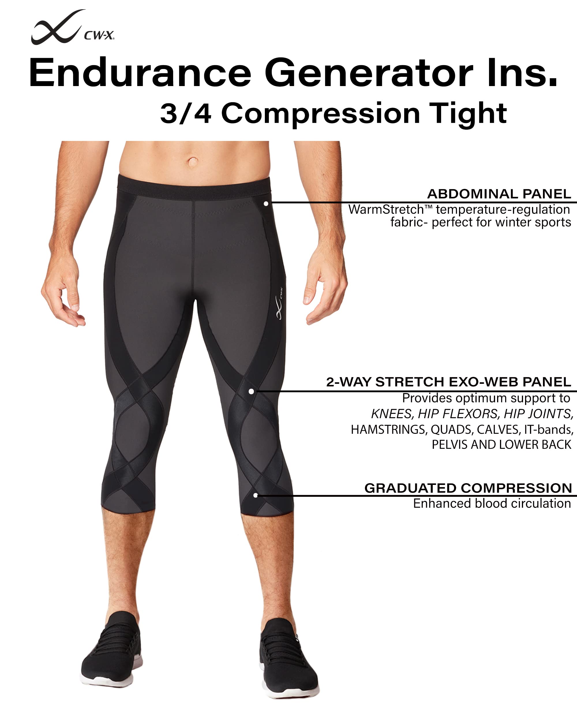 CW-X Men's Endurance Generator Insulator 3/4 Compression Tights - Joint & Muscle Support Base Layer for Skiing, Running, Cycling & Cold Weather Workouts