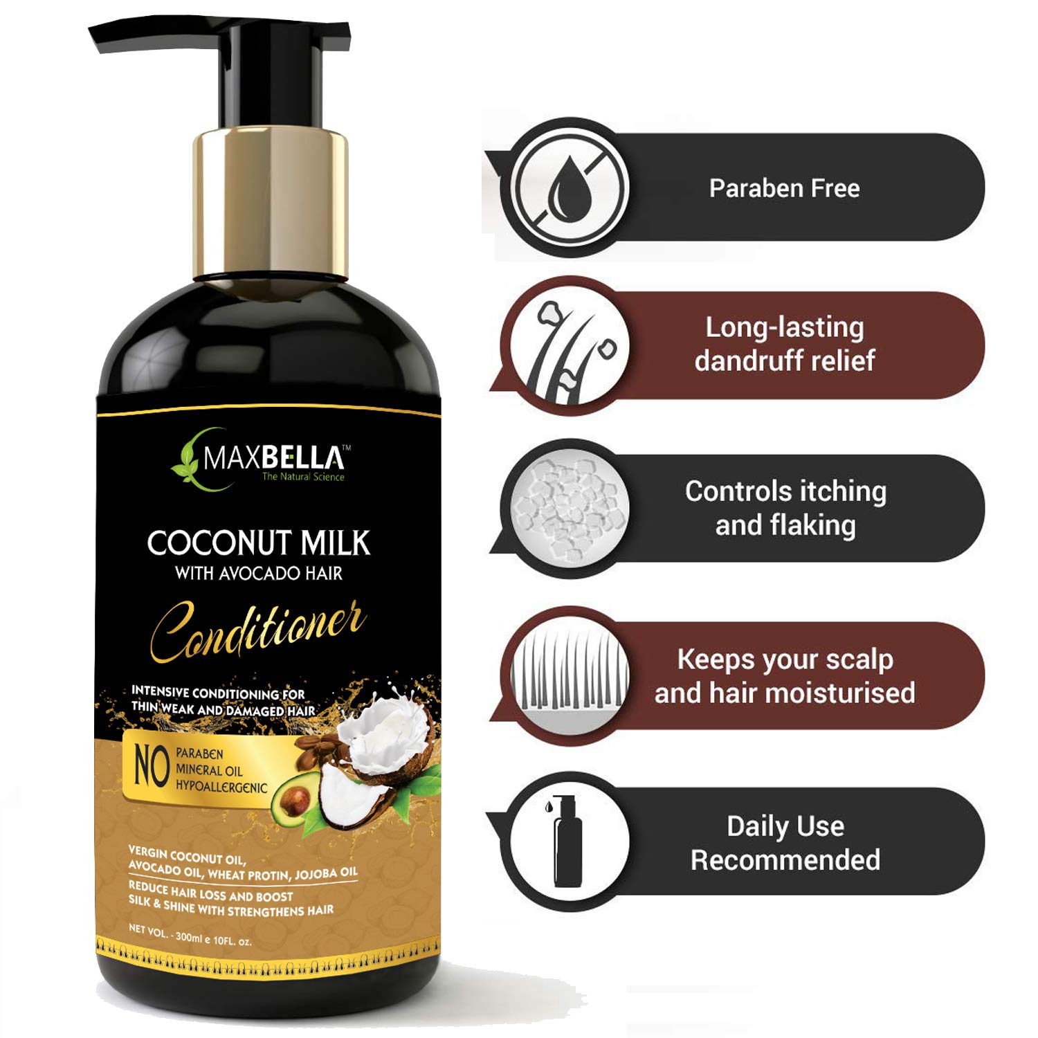 MAXBELLA® Coconut Milk & Avocado Hair Conditioner - Nourishing, Hydrating Treatment for Silky, Shiny & Strong Hair - Paraben & Mineral Oil Free - 300ml - Perfect for Daily Hair Care & Damaged Hair Repair (For Men & Women)