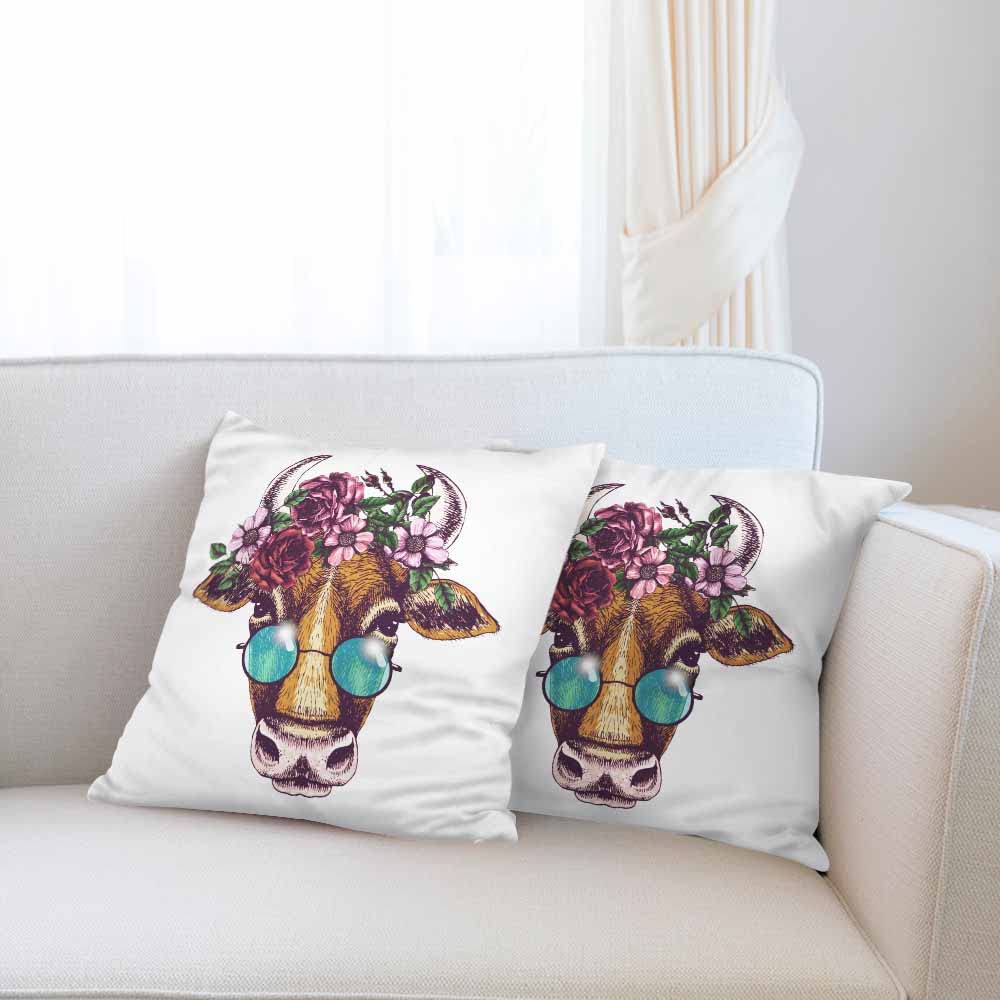 Fashion Cow with Rose Floral Green Leaves Wreath & Sunglasses Throw Pillow Covers - Set of 2 Square Decorative Cushion Covers 18x18 Inch for Sofa, Bed, Living Room - Perfect Home Decor for Men & Women