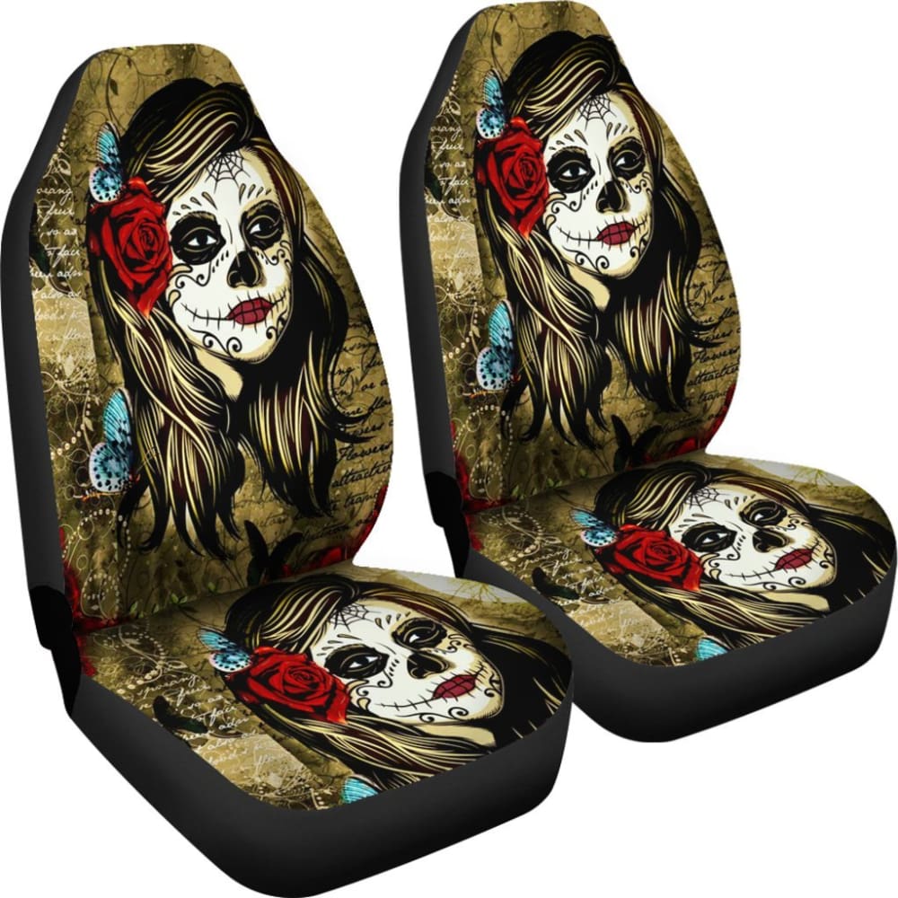 2 Pcs Sugar Skull Girl Car Seat Covers - Gothic Decor for Halloween, Day of the Dead - Perfect for Car, Truck, Office Chair & Home Decor