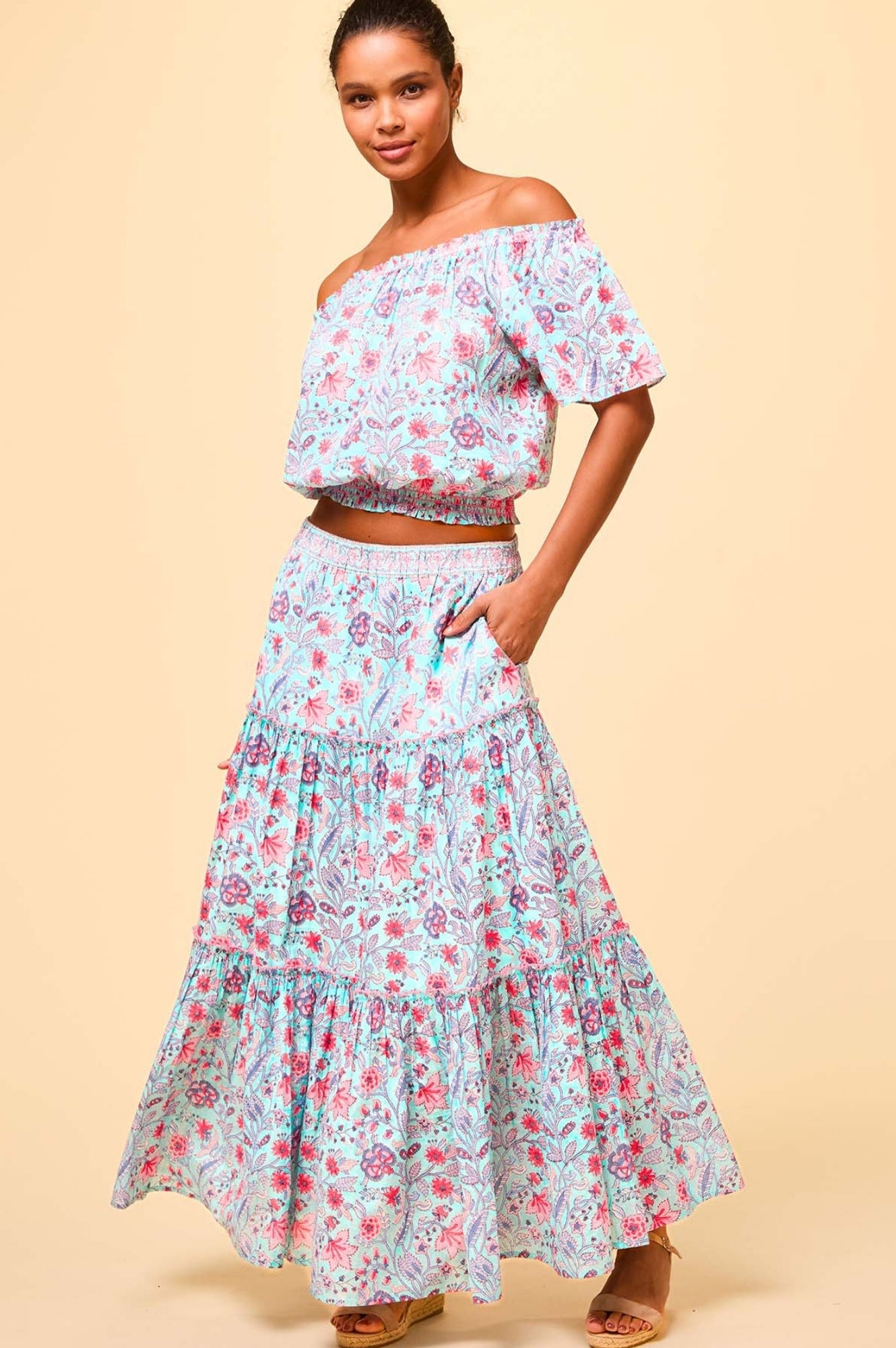 Becks Organic Cotton Block Print Skirt - Handmade Floral Maxi Skirt for Women | Gardenia Blue/Red | Perfect for Boho Beach, Summer Vacations & Music Festivals