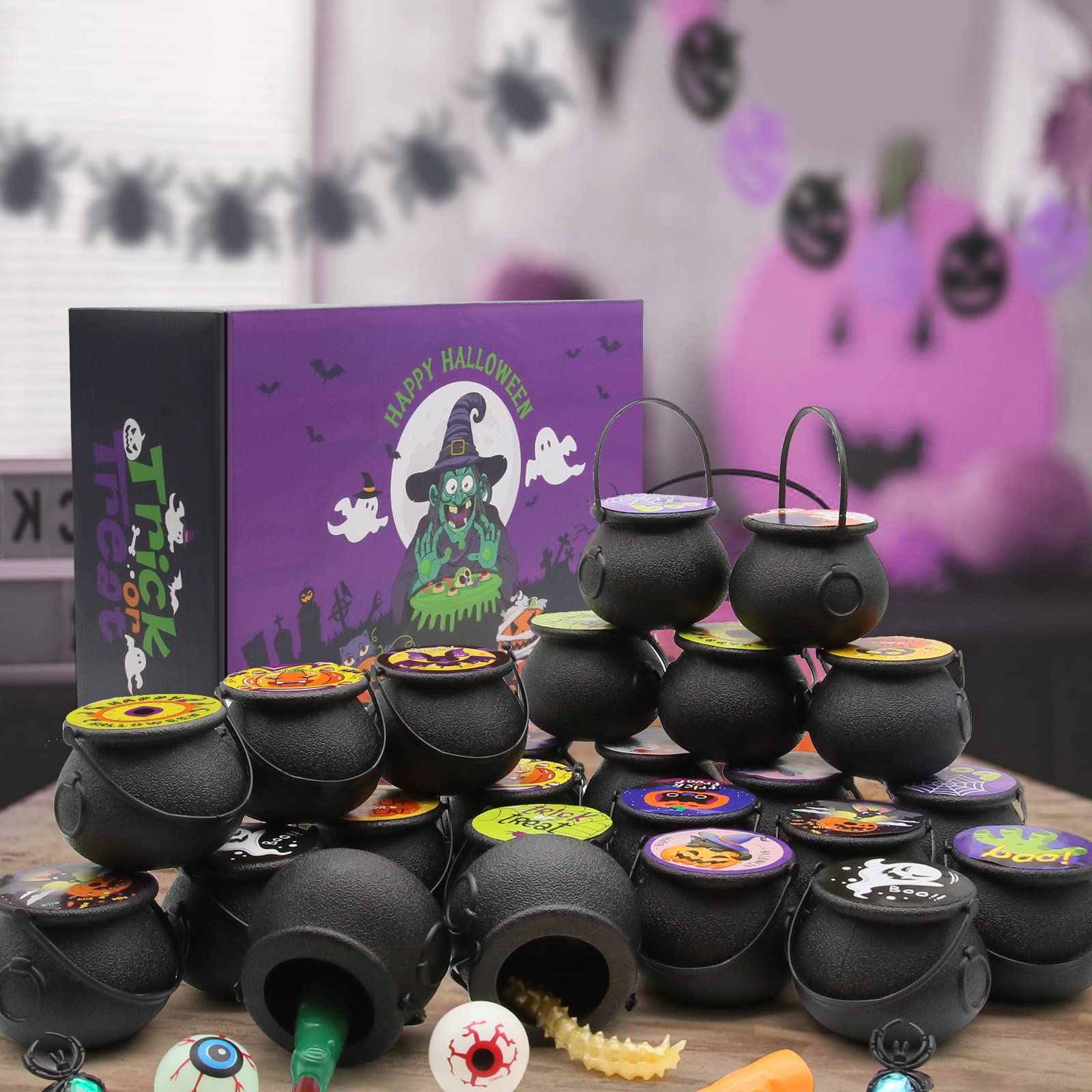 144 PCS Halloween Party Favors - 24 Pack Prefilled Mini Witch Cauldron Toys Bulk Set - Trick or Treat Prizes, Goodie Bags & Party Supplies for Kids - Perfect for Classroom Rewards, Carnival Games & Halloween Festivities