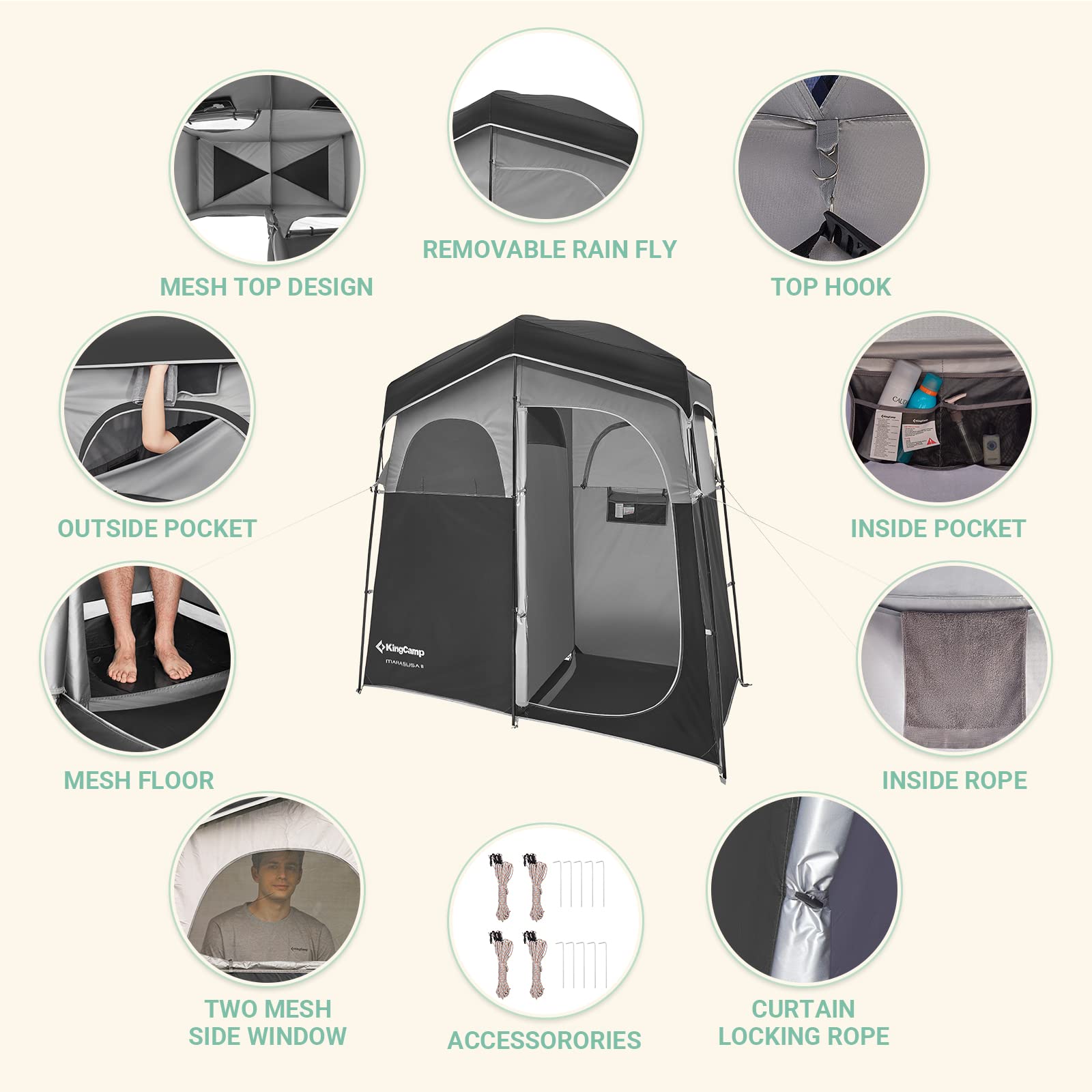 KingCamp Portable Outdoor Shower Tent with Waterproof Shower Bag - Ideal for Camping, Beach, Hiking & Backpacking Trips