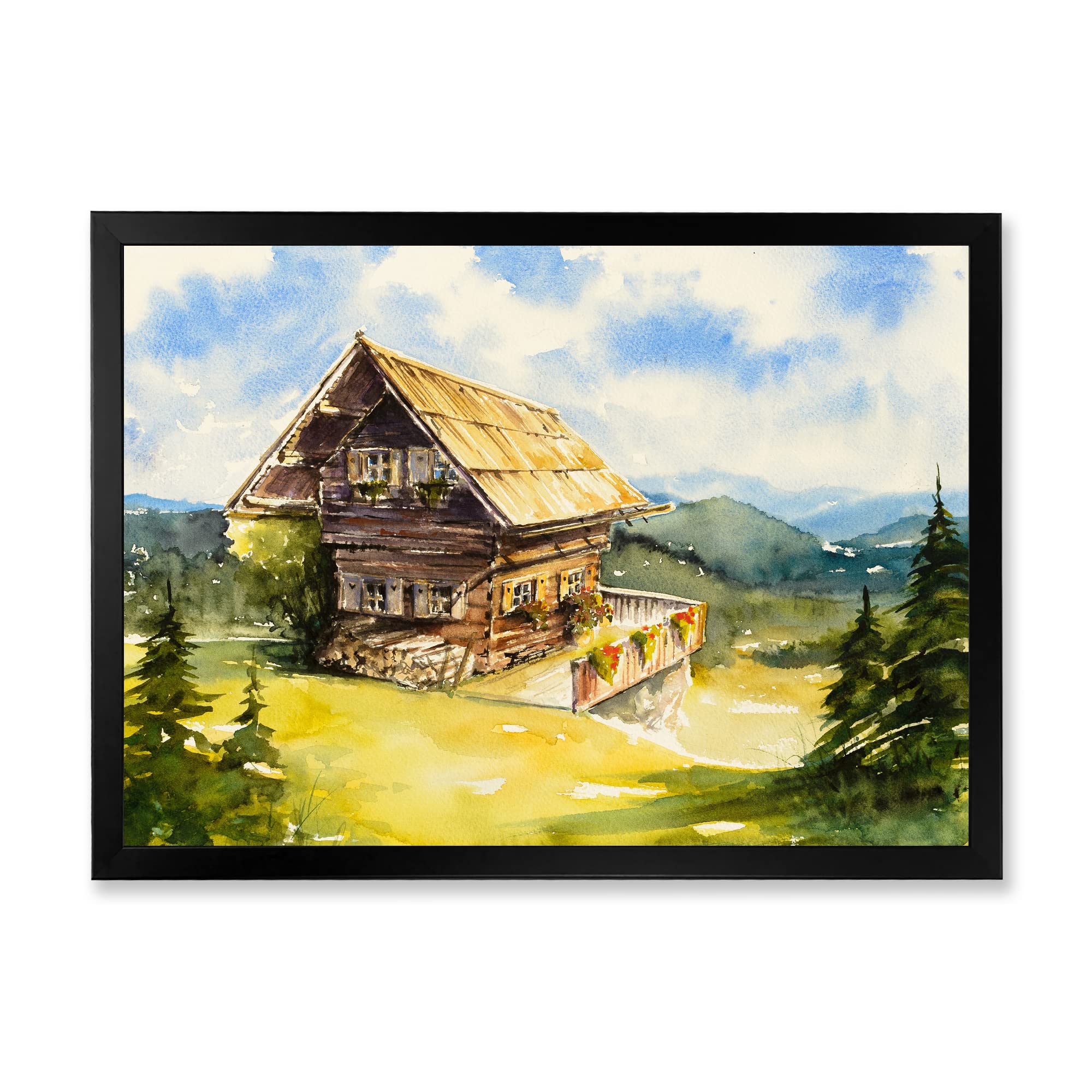 Traditional Framed Wall Art - Peaceful Summer Landscape with Old Cottage Painting | Home Decor, Living Room, Bedroom, Office Wall Art