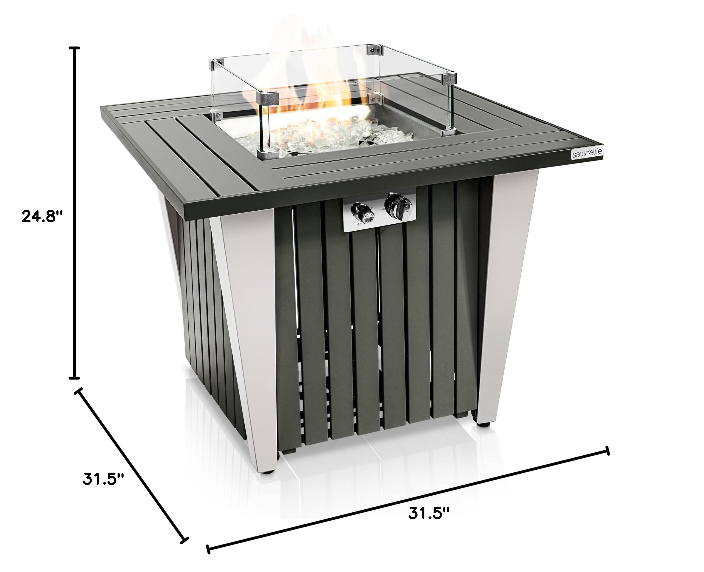 SereneLife Outdoor Propane Fire Pit Table - CSA/ETL Certified 50,000 BTU Square Gas Fire Table with Adjustable Flame, Pulse Ignition & Weatherproof Design - Includes Glass Wind Guard & Fire Glass Rocks - Perfect for Patio, Backyard, Deck & Outdoor Gatherings - SLFPX69