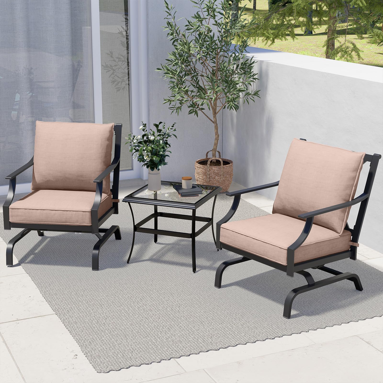 Grand Patio 3-Piece Outdoor Patio Set with 2 Motion Chairs & Side Table - Beige Wicker Furniture for Backyard, Garden, Poolside Relaxation