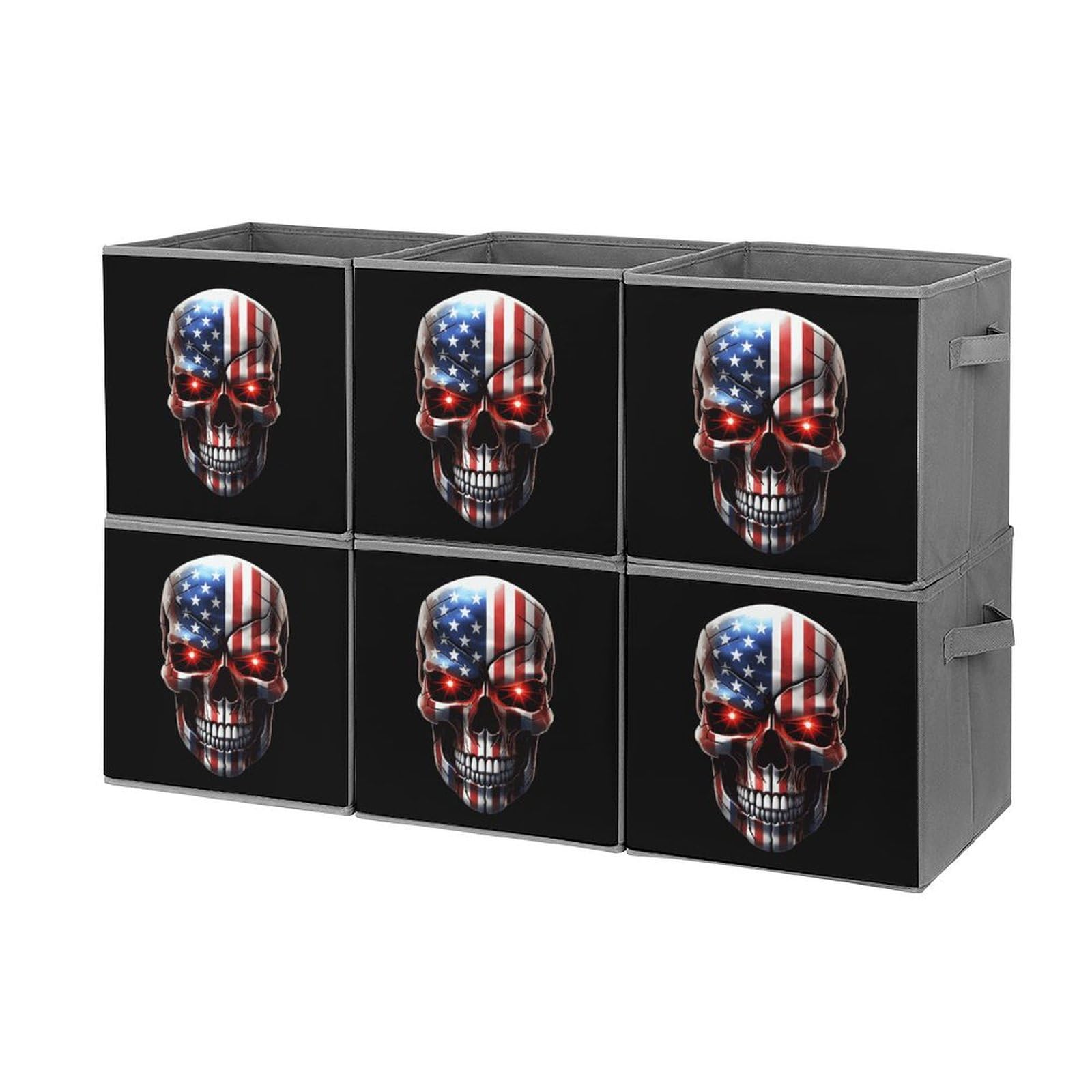 6-Pack Foldable Storage Cubes with Handles - American Flag Skull Design Square Organizer Bins for Closet, Office, or Kids Room Organization