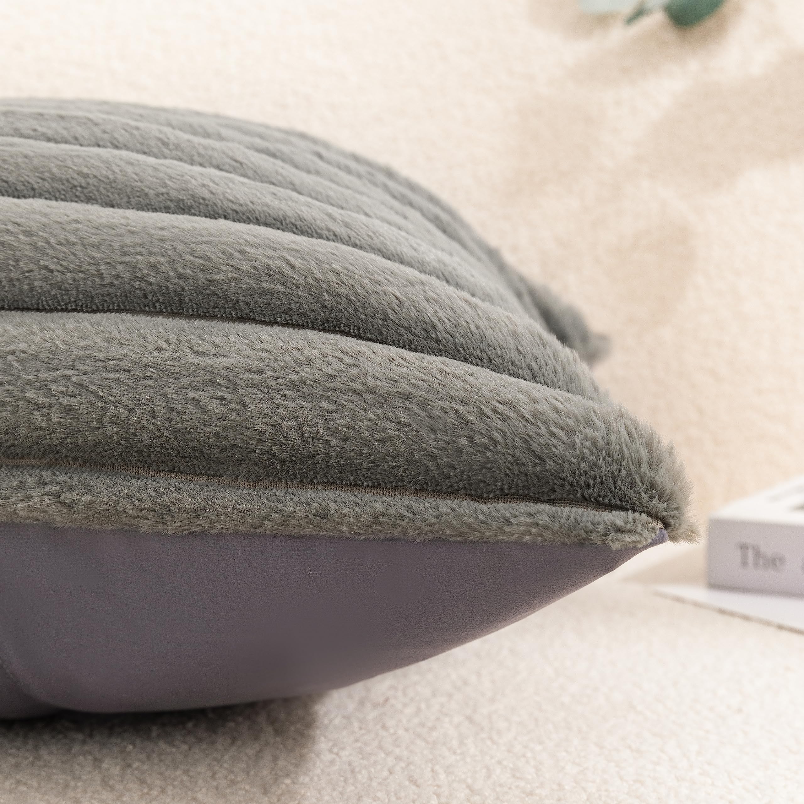 Uhomy Set of 2 Faux Fur Pillow Covers 18x18 Inch - Super Soft Plush Striped Cushion Covers for Sofa, Couch & Bedroom - Grey Luxury Decorative Throw Pillow Cases (45cm) - Perfect for Cozy Home Decor, Living Room Accents & Winter Comfort