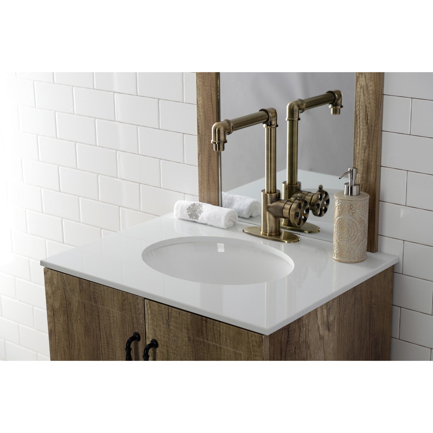 Belknap KSD144RXAB Single Handle 1 Hole Bathroom Sink Faucet with Deck Plate & Push Pop-Up Drain - Antique Brass Finish for Bathroom Vanity or Powder Room