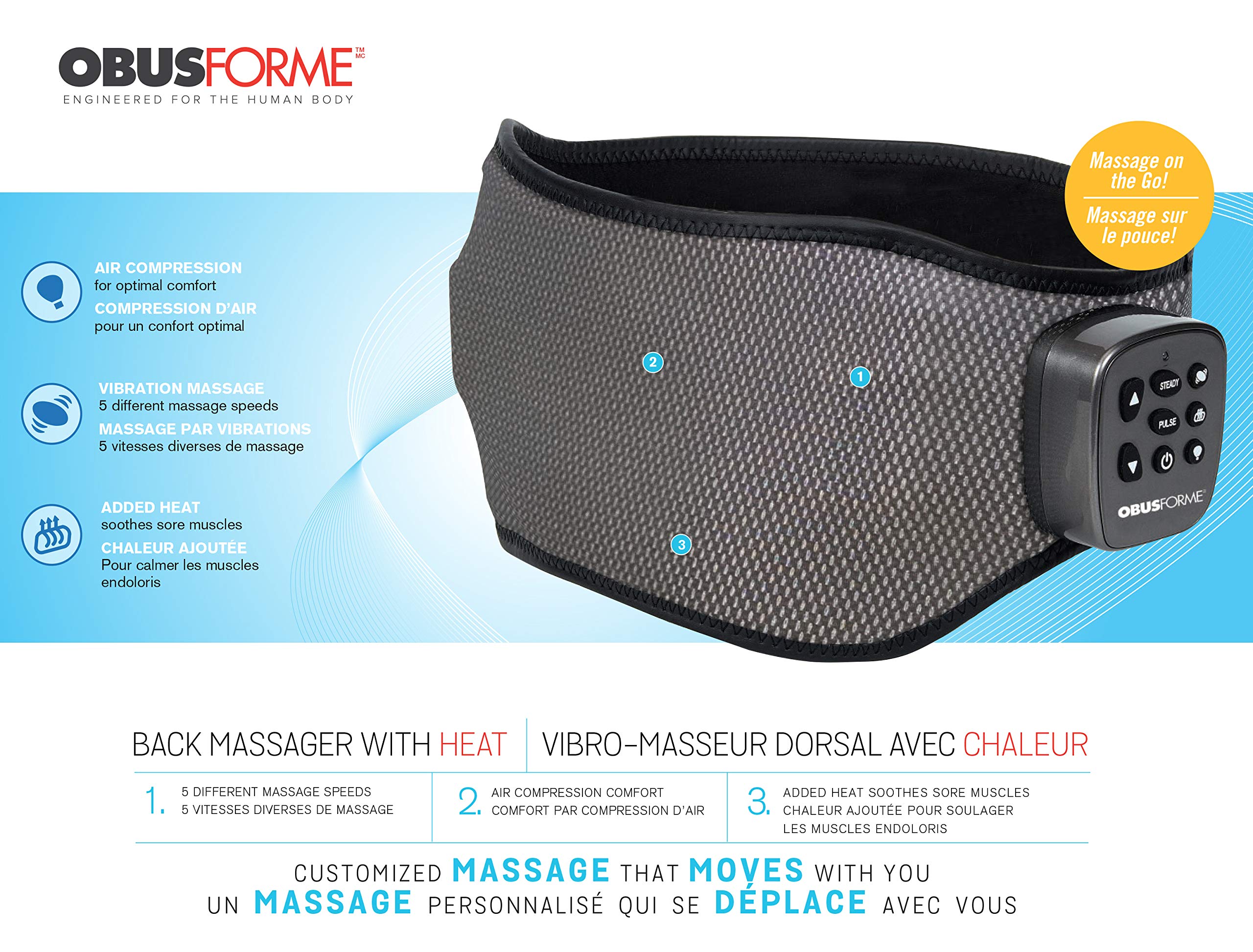 ObusForme Heated Back Massager Belt with Vibration & Air Compression - Adjustable Lumbar Support Wrap for Pain Relief (Small/Medium) | Perfect for Office, Driving & Home Use