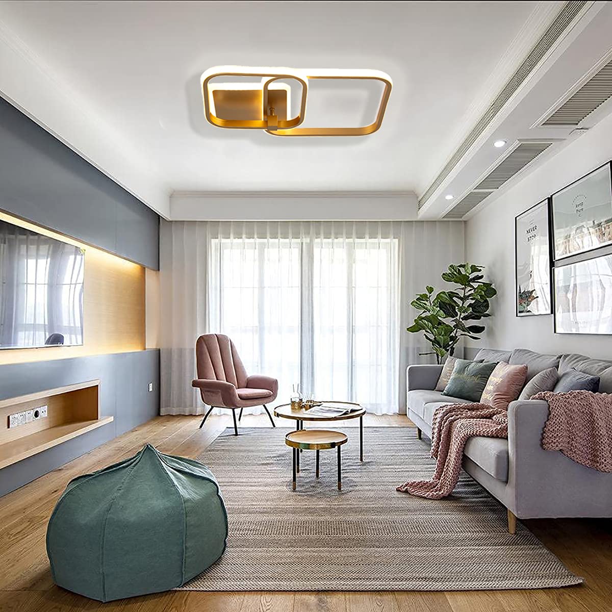Becailyer 50W Modern LED Ceiling Light - Gold Geometric Square Flush Mount Lighting Fixture, 6000K Cool White - Perfect for Living Room, Bedroom, Dining Room & Office Spaces