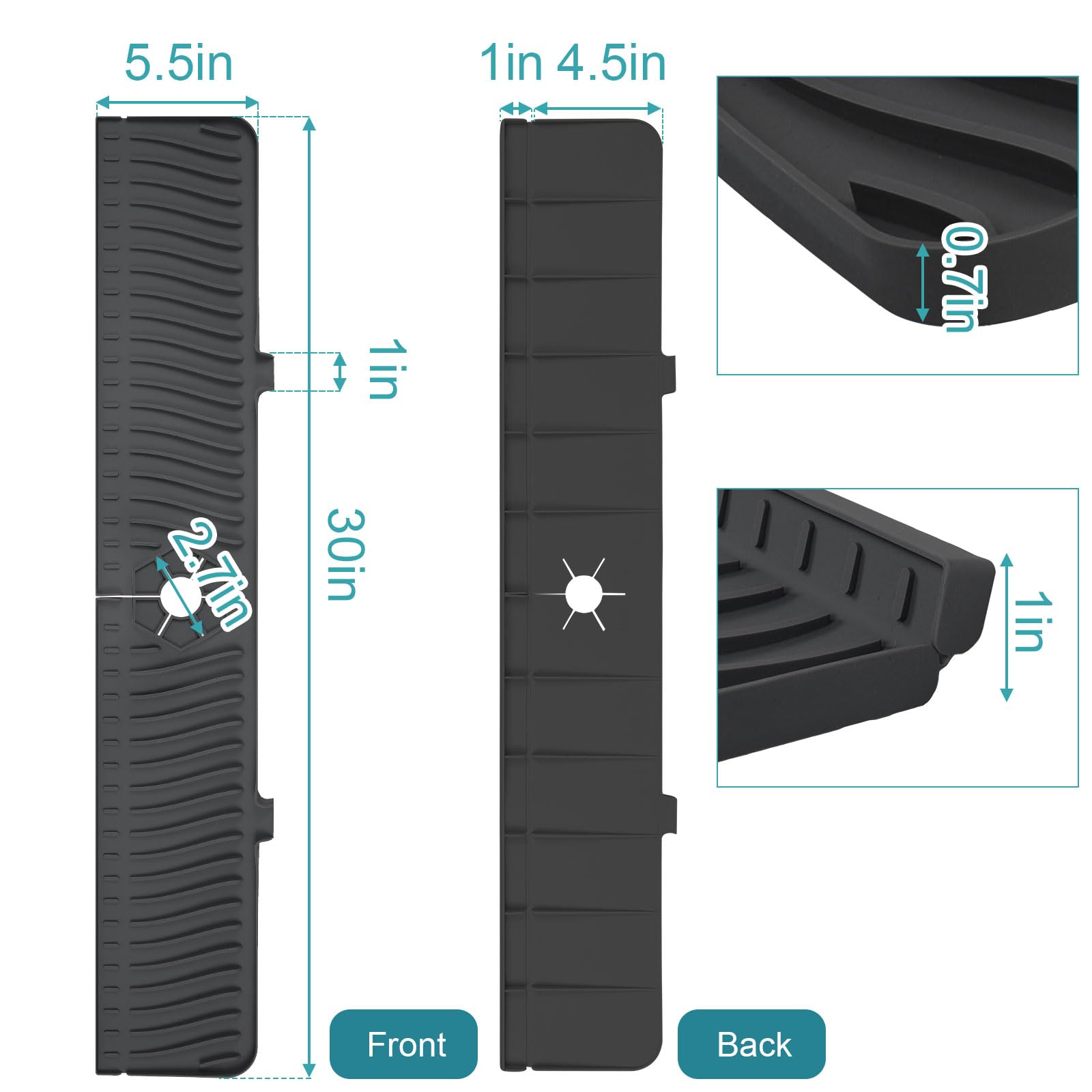30 Inch Silicone Sink Splash Guard Mat - Non-Slip Faucet Drip Catcher Tray for Kitchen & Bathroom | Dish Drying Mat, Sponge Holder & Countertop Protector (Black) | Perfect for Preventing Water Spills While Washing Dishes or Brushing Teeth