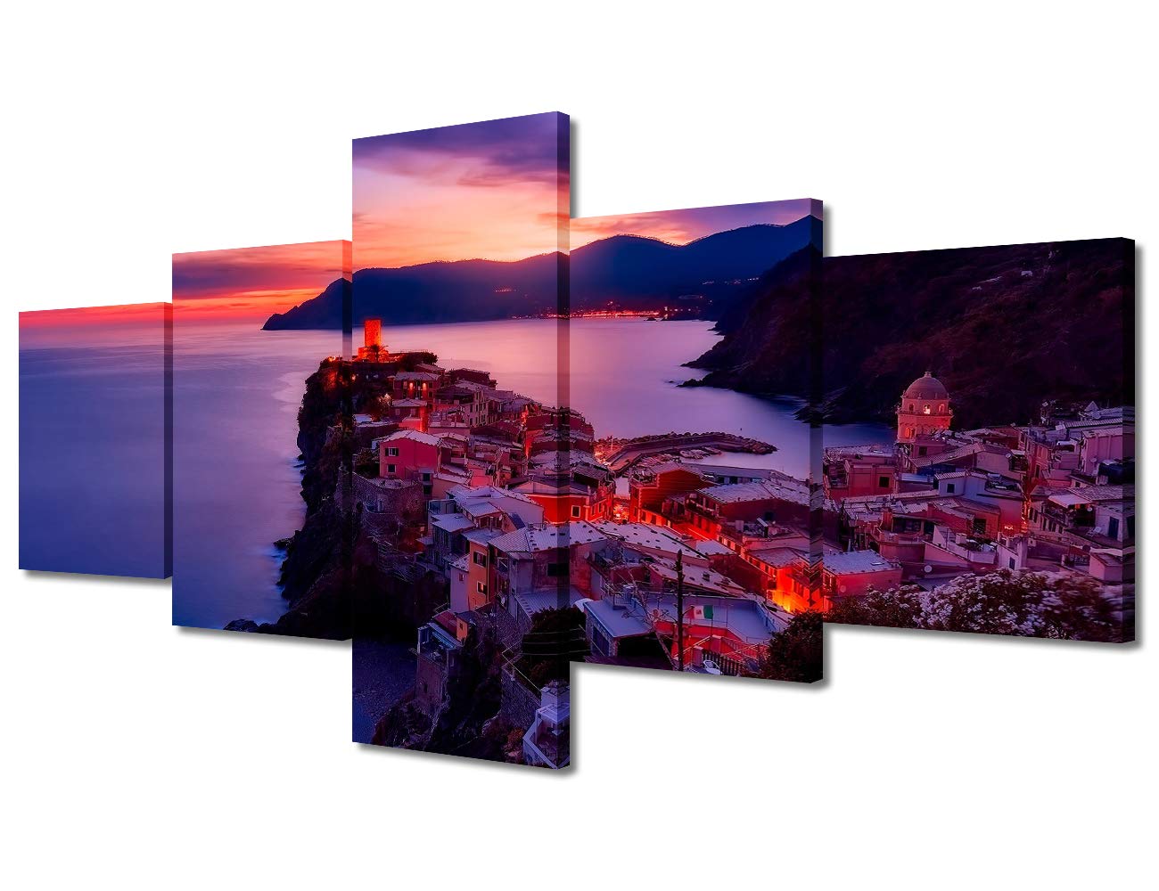 5-Piece Cinque Terre Italy Sunset Wall Art - Modern Framed Gallery-Wrapped Posters (50
