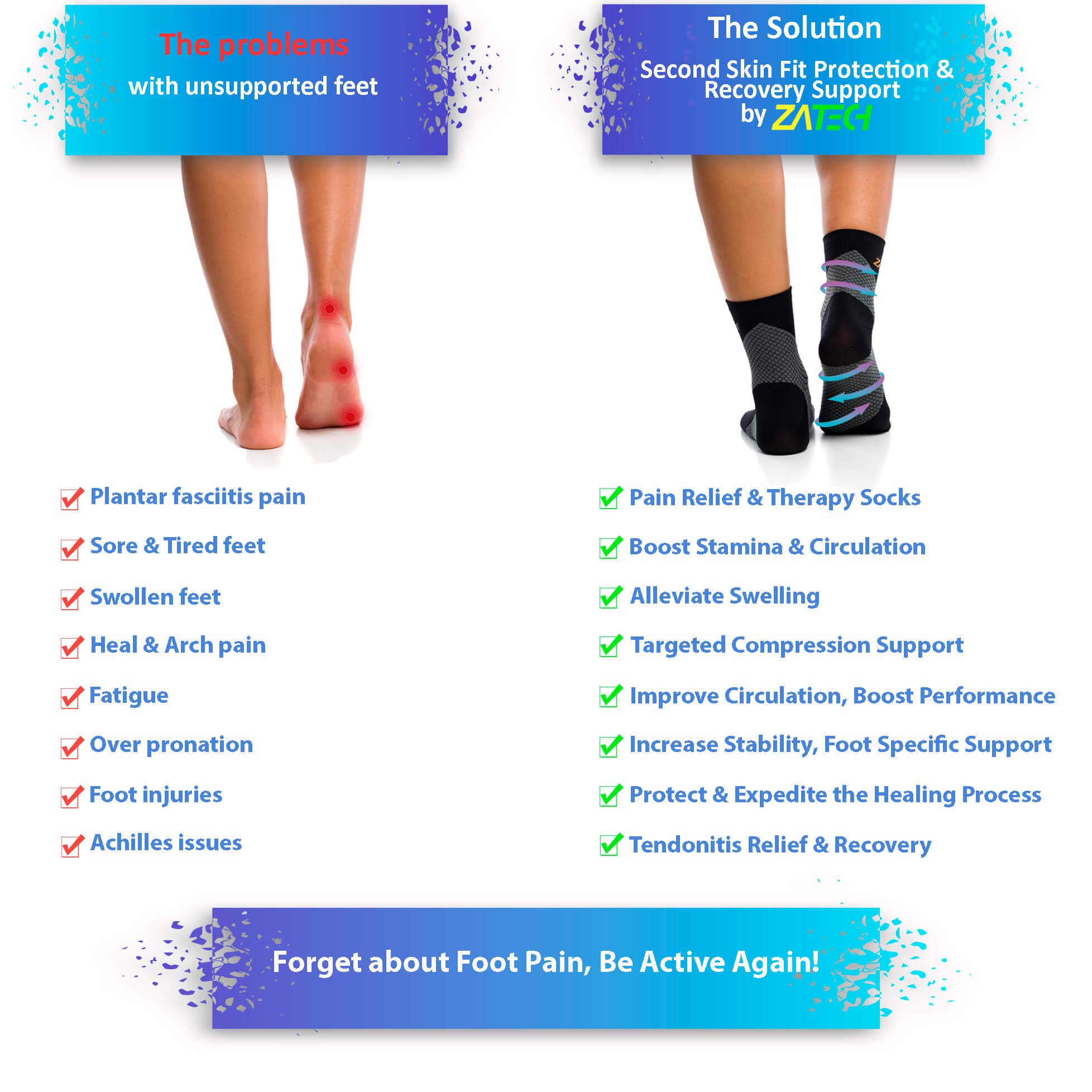 ZaTech Plantar Fasciitis Compression Socks for Women & Men - Heel, Ankle & Arch Support Socks (Black/Grey, Medium) - Ideal for Running, Walking & Pain Relief