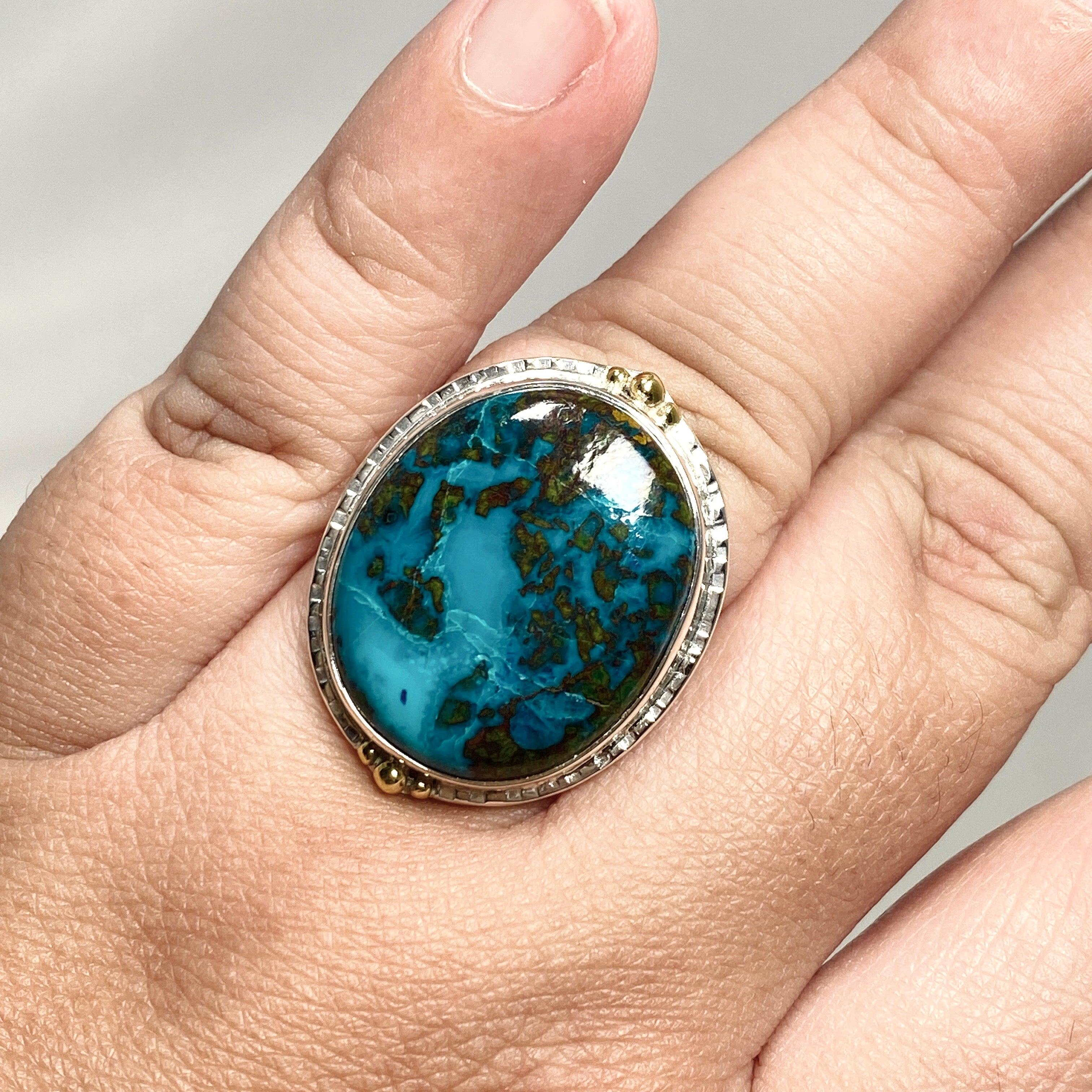 Chrysocolla and Shattuckite Oval Ring with Brass Accents - Size 11 - KRGJ3226 - Perfect for Boho Jewelry Lovers & Spiritual Healing