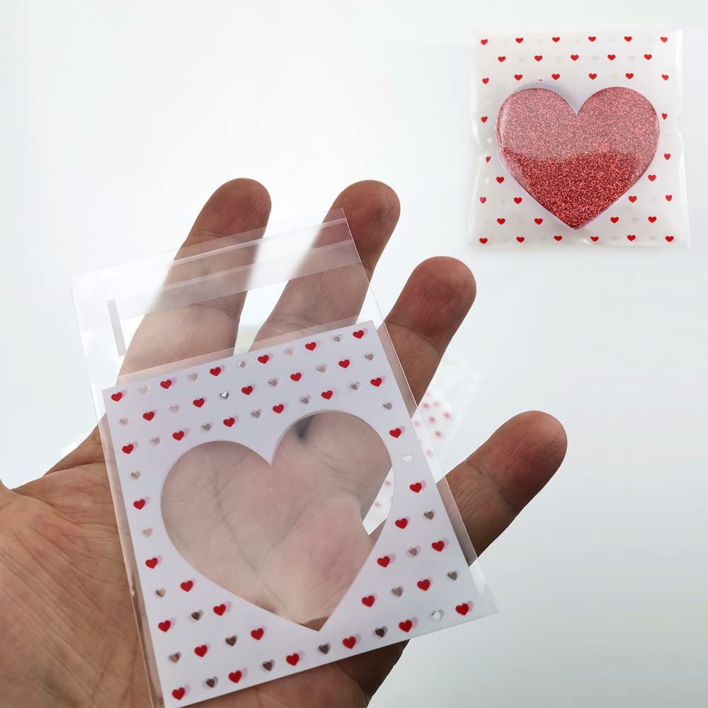 FAZHBARY 200 PCS Valentine's Day Heart Shaped Cellophane Bags - Self Sealing Mini Treat Bags for Cookies, Candy, Chocolates - Perfect for Bakery Supplies, Party Favors, Wedding Treats & Gift Packaging