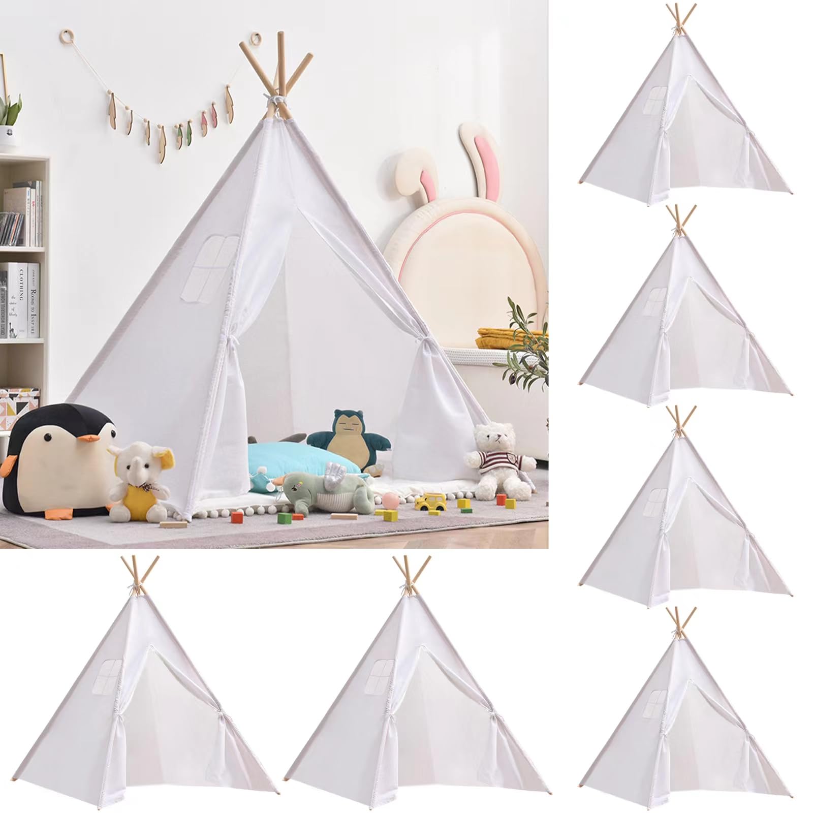 Wholelovein 6-Piece Kids Teepee Play Tent - Foldable & Washable Boho Playhouse for Girls & Boys - Perfect for Indoor Play, Sleepovers, Birthday Parties & Nursery Decor (White)