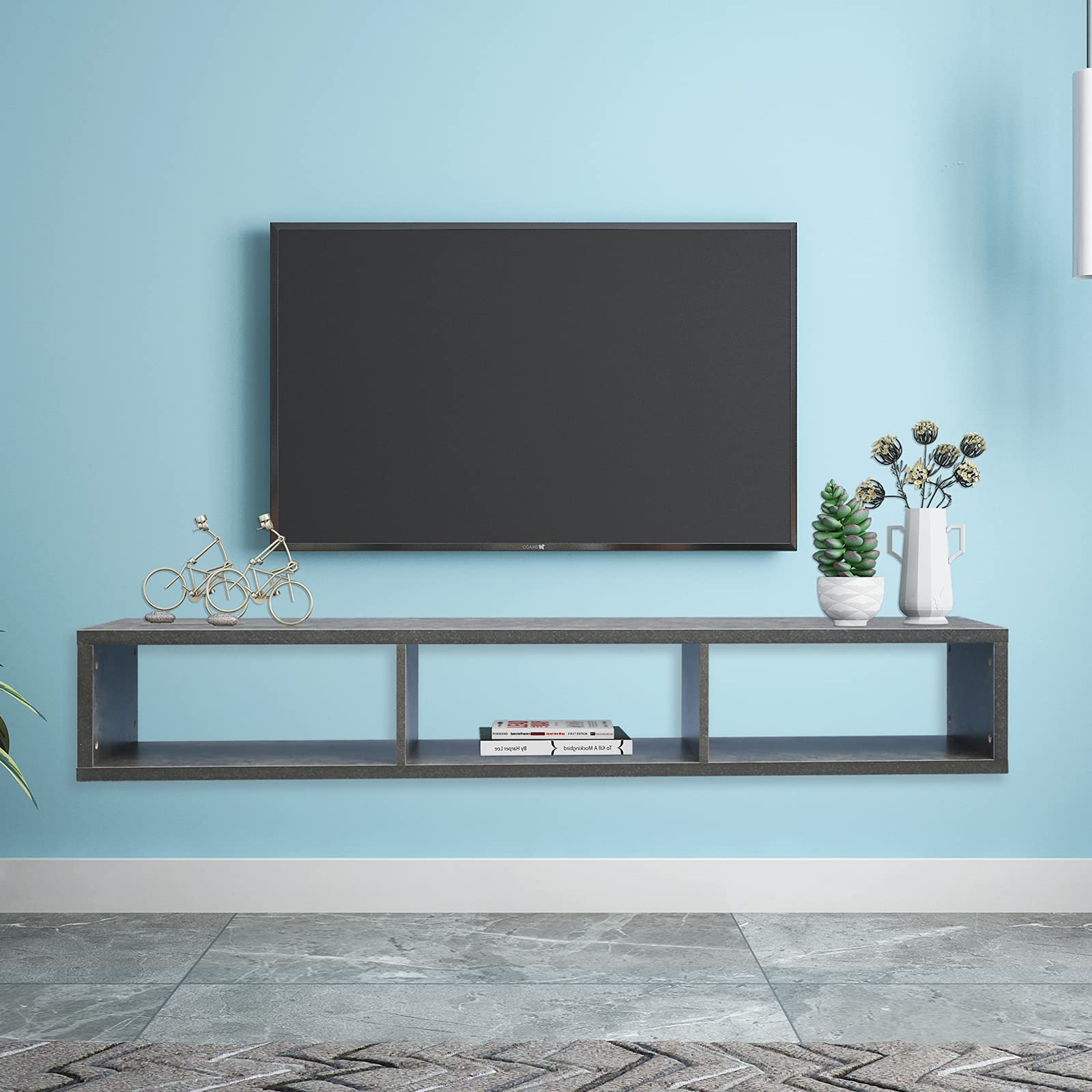 Floating TV Shelf Wall Mounted Media Console - 2 Tier Modern TV Stand with 3 Storage Compartments for 60 Inch TVs - Space Saving Grey TV Stand for Living Room, Bedroom & Home Theater Setup