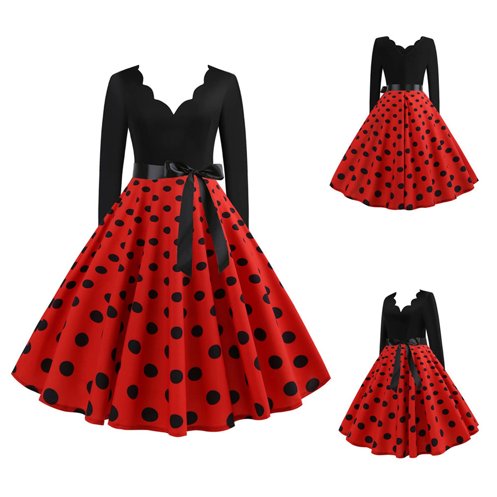 Elegant Fall Dresses for Women 2023 - Scallop Collar Polka Dot Pleated Midi Dress with Long Sleeves | Perfect for Wedding Guest, Office Party & Autumn Events