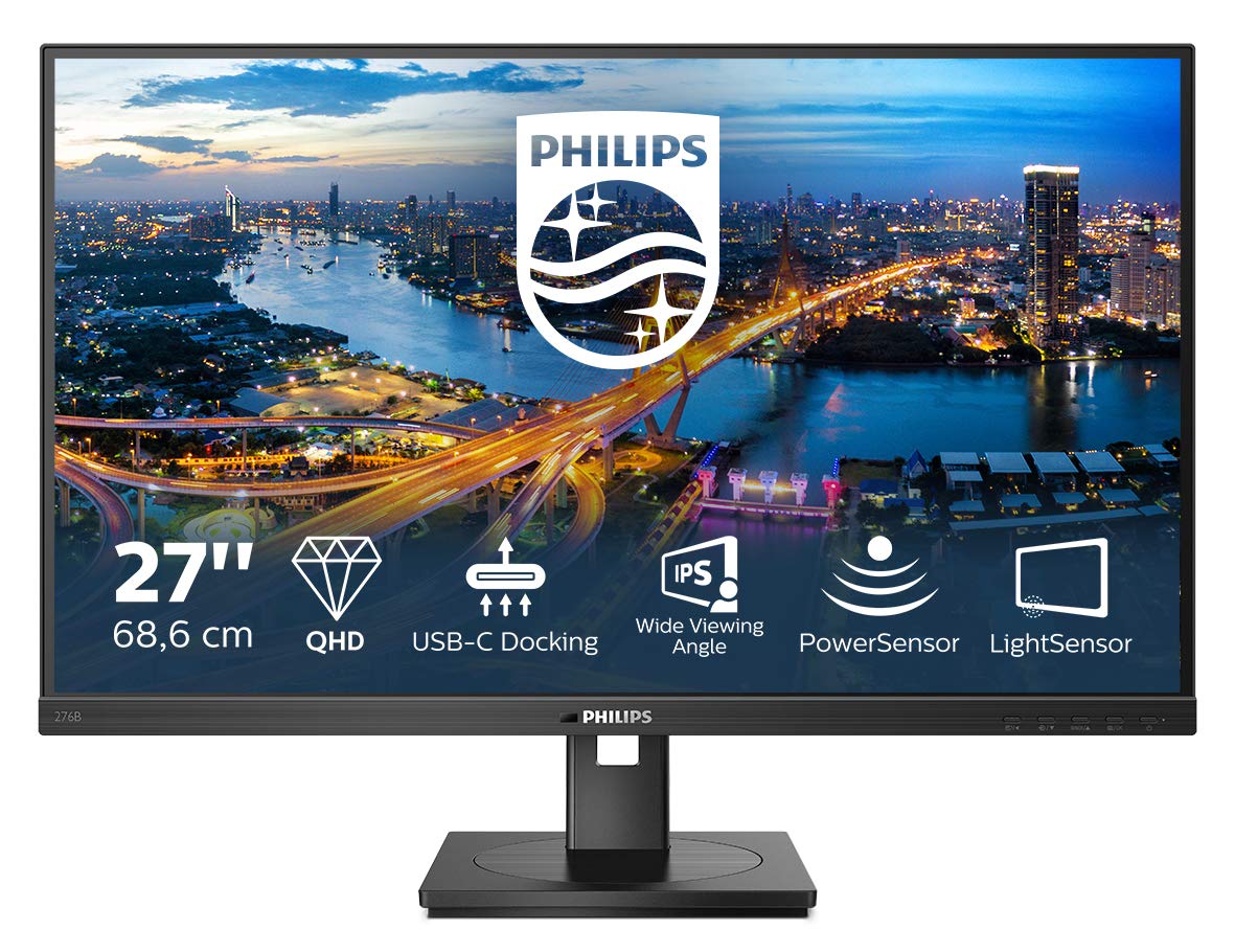 Philips 276B1 27-inch QHD USB-C Docking Monitor - Height Adjustable (2560x1440, 75Hz, HDMI, DisplayPort, USB-C Hub, RJ45) Black - Perfect for Home Office, Gaming & Professional Workspaces