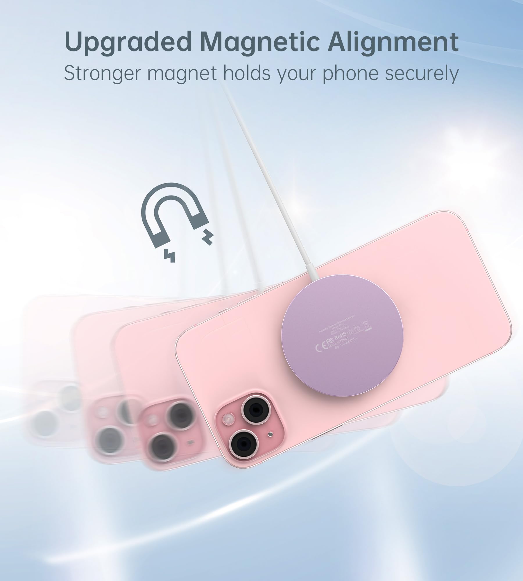 Magnetic Wireless Charger for iPhone 15/14/13/12 Pro Max Plus Mini - 20W Fast Mag-Safe Charging Stand/Pad with 5ft USB-C Cable & Adapter | Portable Charging Station for Home, Office, Car & Travel (Pink)