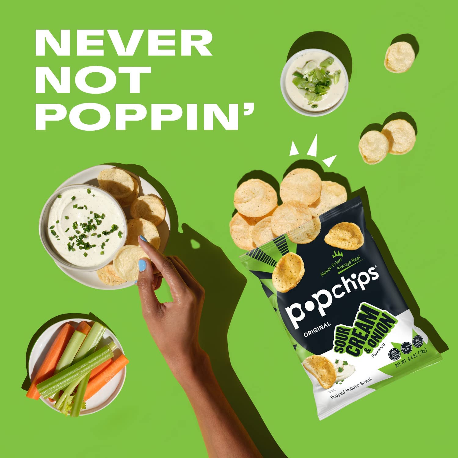 Popchips Sour Cream & Onion Potato Chips - 24 Pack of 0.8oz Single Serve Bags | Low Calorie, Gluten Free & Kosher Certified | Healthy Snacks for Adults & Kids | Perfect for Lunchboxes, Parties & On-the-Go Snacking