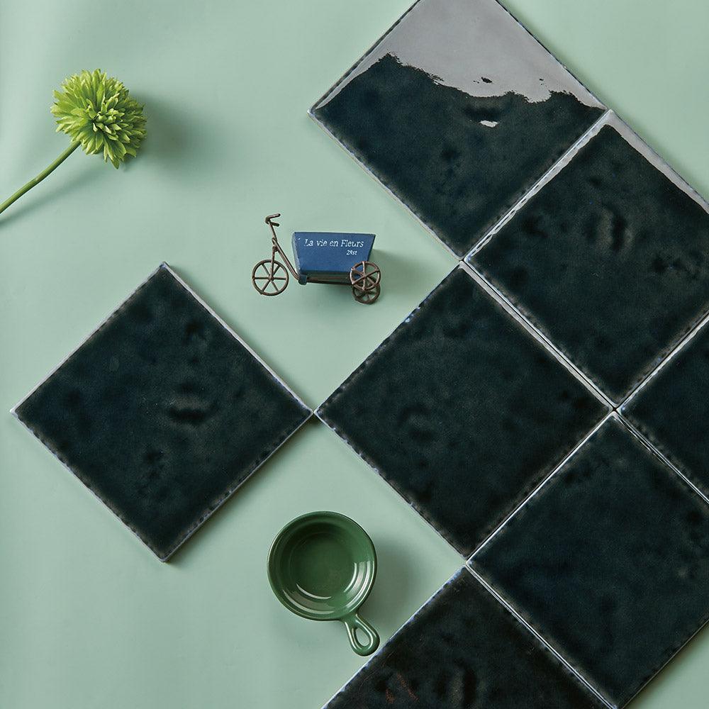 Handmade Zellige Glossy Tile 150x150mm Havana Moss Green - Perfect for Kitchen Backsplash, Bathroom Walls & Mediterranean Style Decor