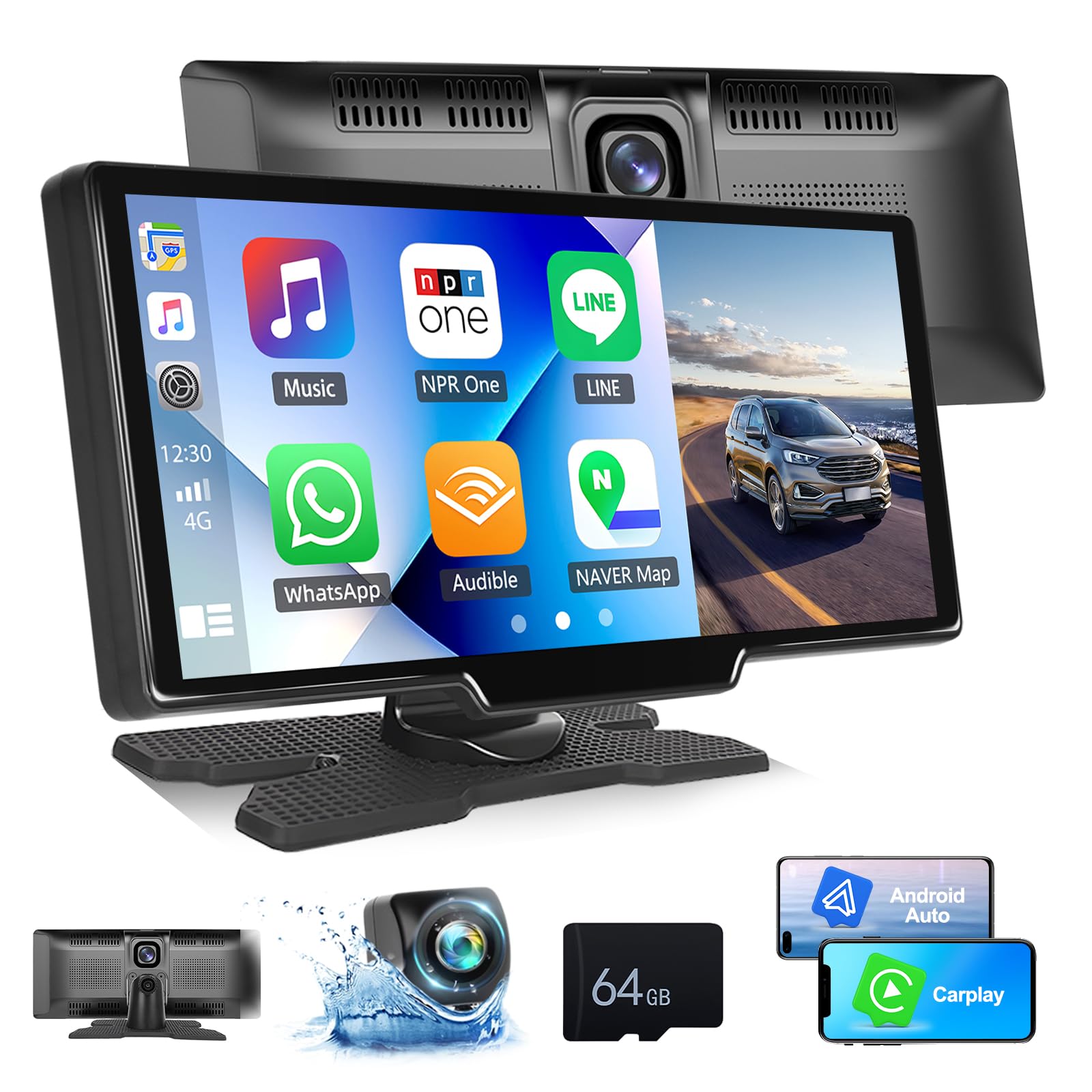 9.3 Inch Touch Screen Car Stereo with Wireless CarPlay & Android Auto | Bluetooth, AUX/FM, Voice Control | Front Dash & Rear View Camera | 7-32V Dashboard Mount | Perfect for Road Trips, Commuting & Hands-Free Driving