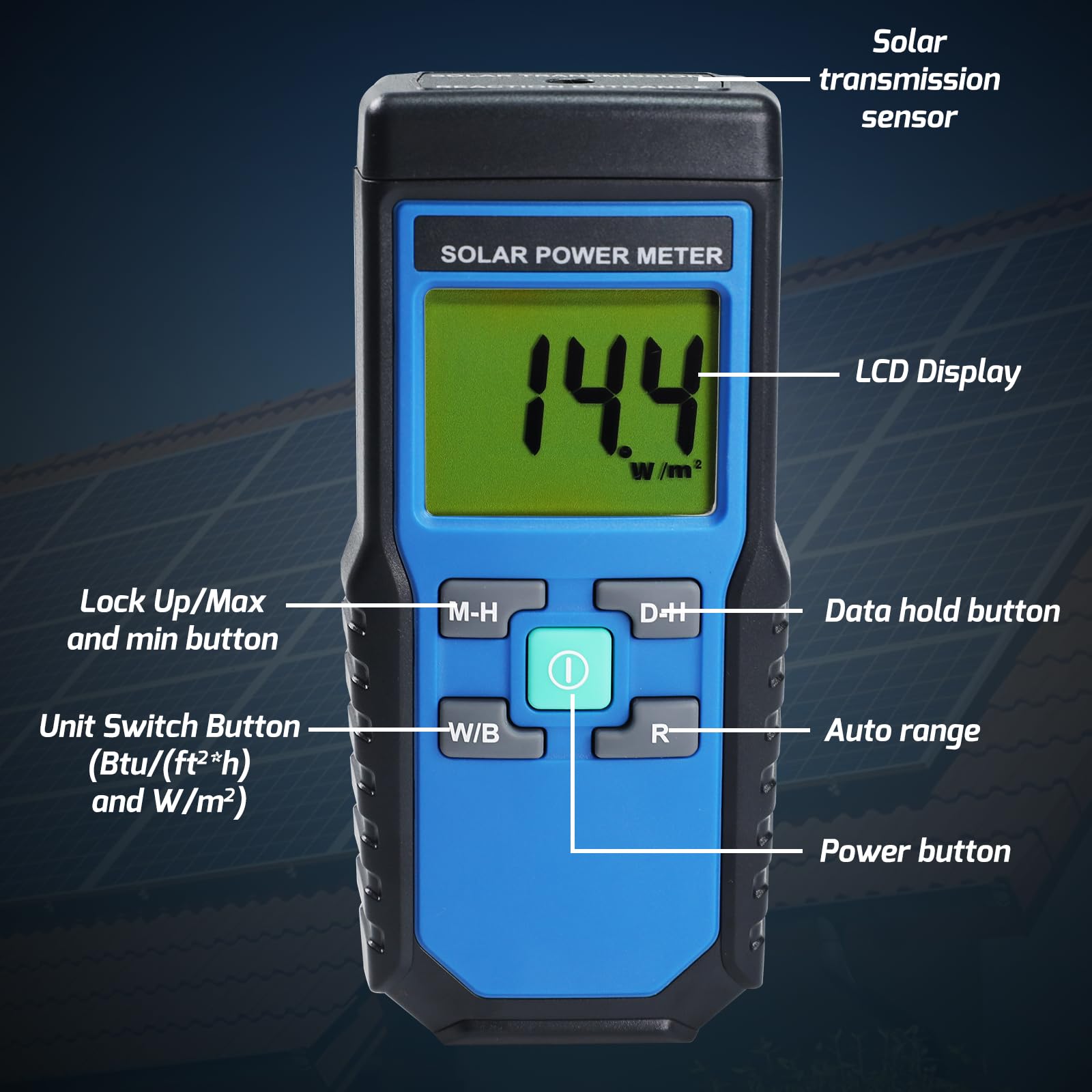 Digital Solar Power Meter - Handheld Portable BTU/W/m2 Tester for Solar Panel Efficiency, UV Index Measurement - Perfect for Home Solar Systems, Gardening, and Outdoor Activities