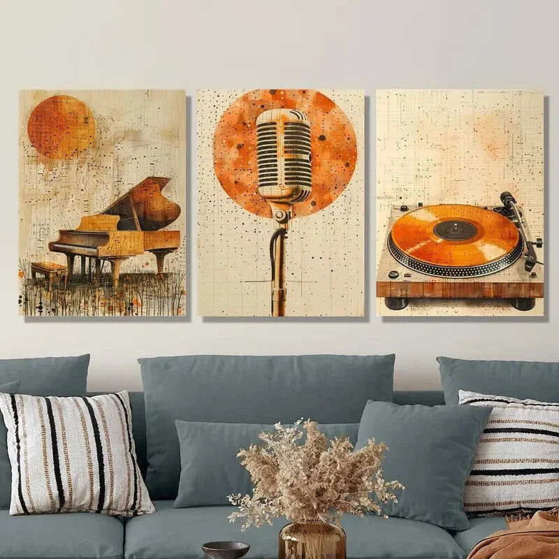 3-Piece Golden Piano, Microphone & Vinyl Metal Wall Art - Ready to Hang Home Decor for Music Lovers - Perfect for Living Room, Bedroom or Studio Decor