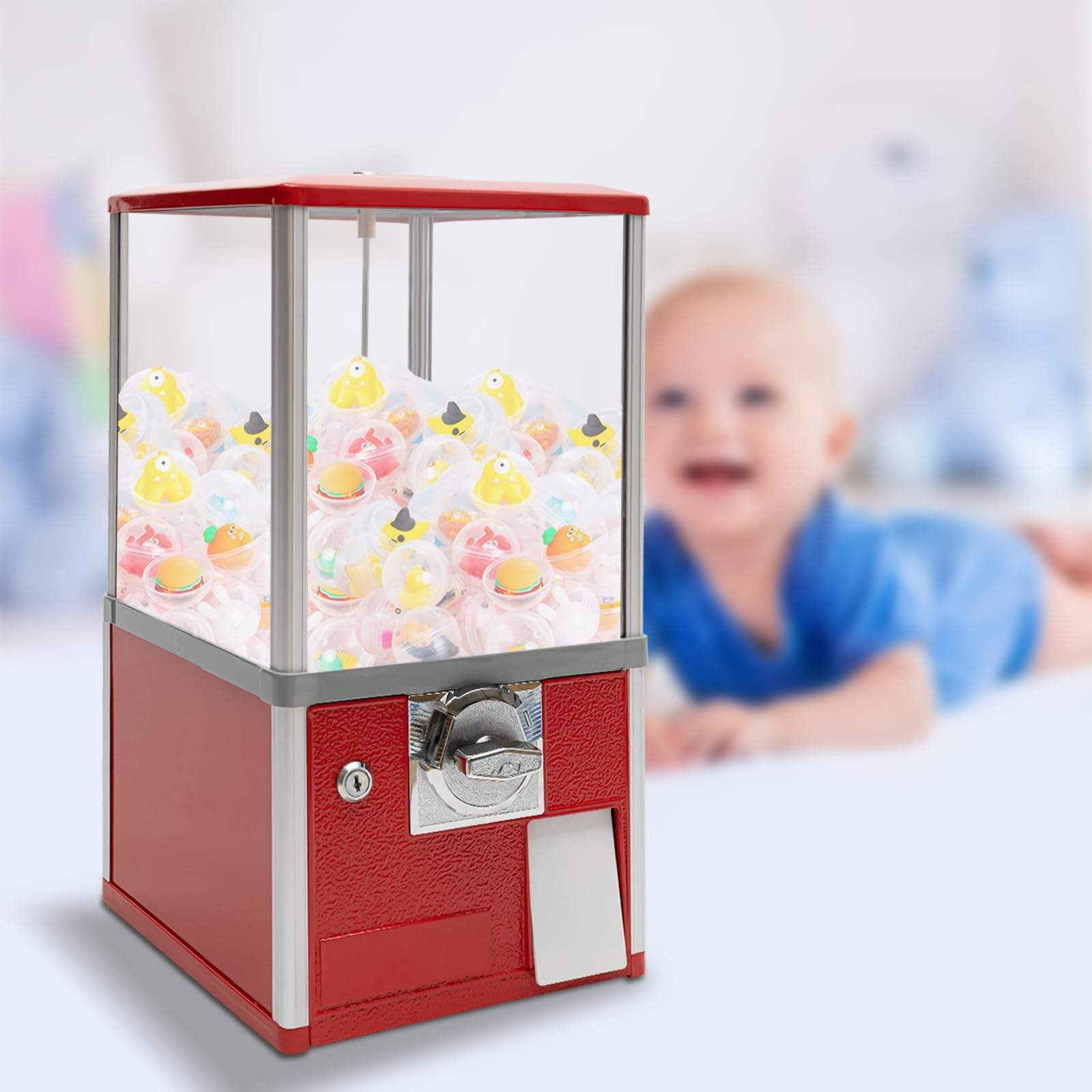 Commercial Gumball Machine for Business - 1.77-1.97 Inch Ball Diameter, 800 Coin Capacity, Accepts 4 Quarters - Perfect for Vending Capsule Toys, Candies & Gumballs (Red) - Ideal for Arcades, Retail Stores & Party Favors