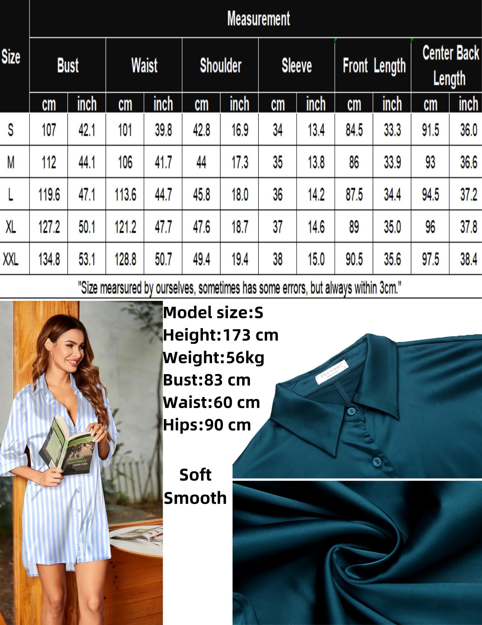 Ekouaer Women's Satin Nightgown - 3/4 Sleeve V-Neck Sleepwear for Women, Soft Comfortable Nightshirt, Size S-XXL - Perfect for Relaxing at Home, Lounging & Sleeping