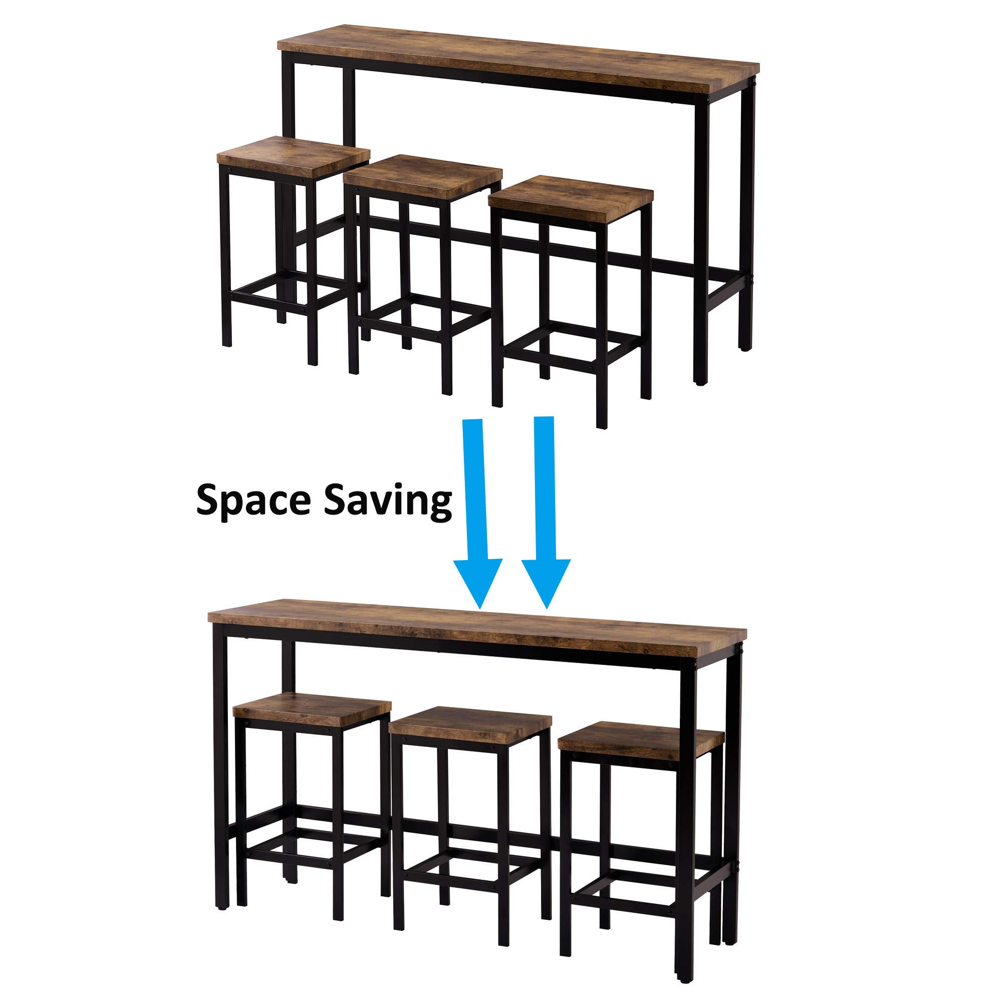 4-Piece Counter Height Extra Long Dining Table Set with 3 Stools - Brown Bar Table Set with Footrest for Kitchen, Pub & Small Space Dining - Perfect for Breakfast Nook, Apartment & Entertaining Guests