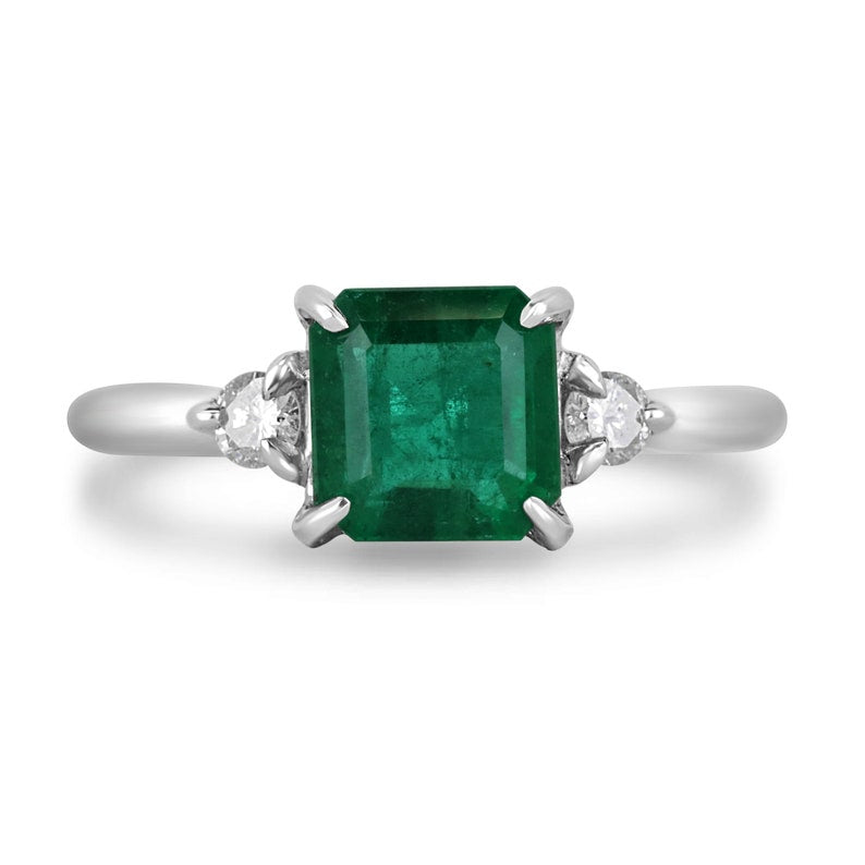 2.56 TCW 14K Gold Genuine Dark Green Emerald Asscher Cut & Diamond 3 Stone Engagement Ring for Women – Perfect for Proposals, Weddings & Anniversaries
