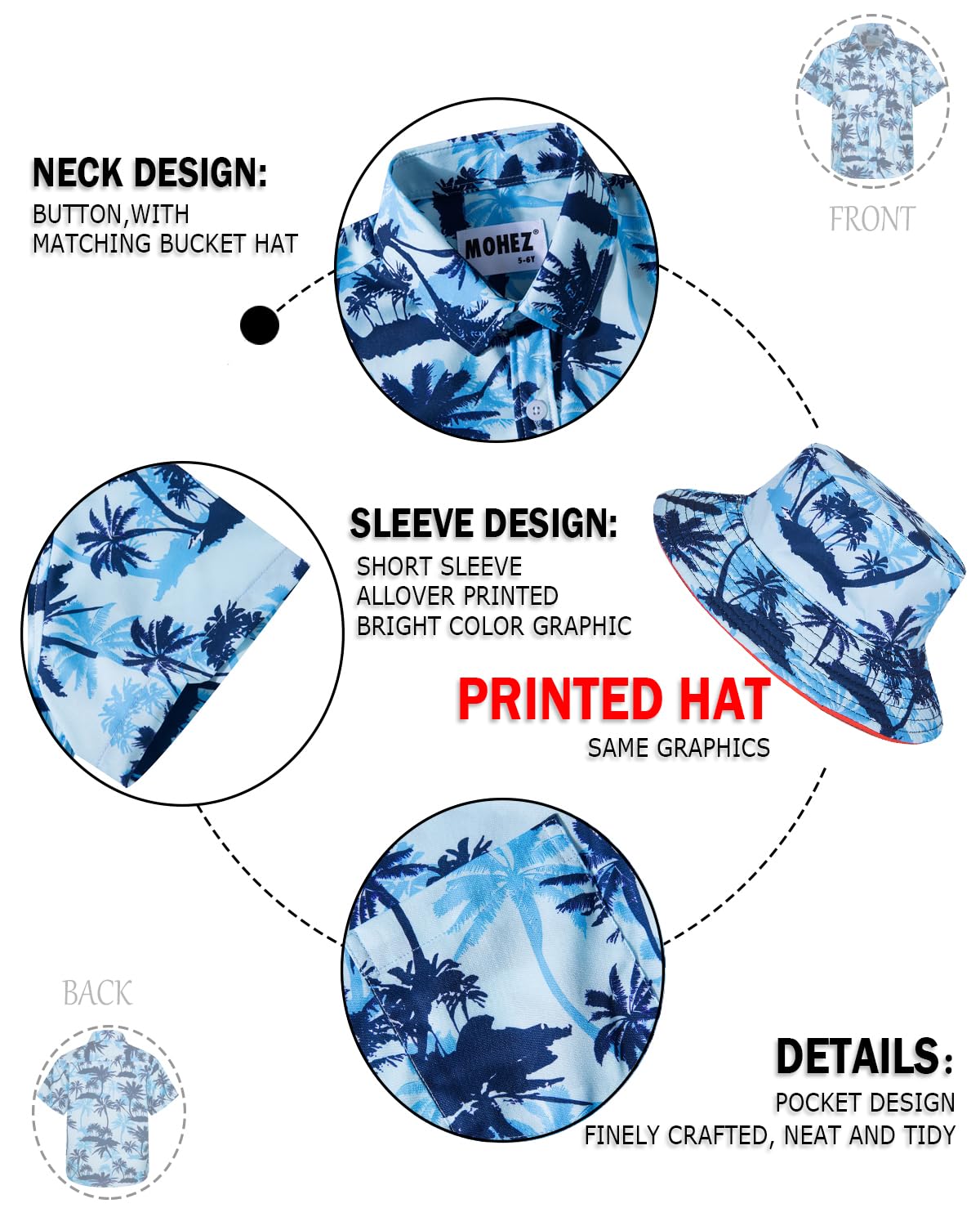 **Boys' Hawaiian Shirt and Shorts Set - 2-Piece Summer Outfit with Bucket Hat for Kids | Beach Vacation, Luau Party & Tropical Style**