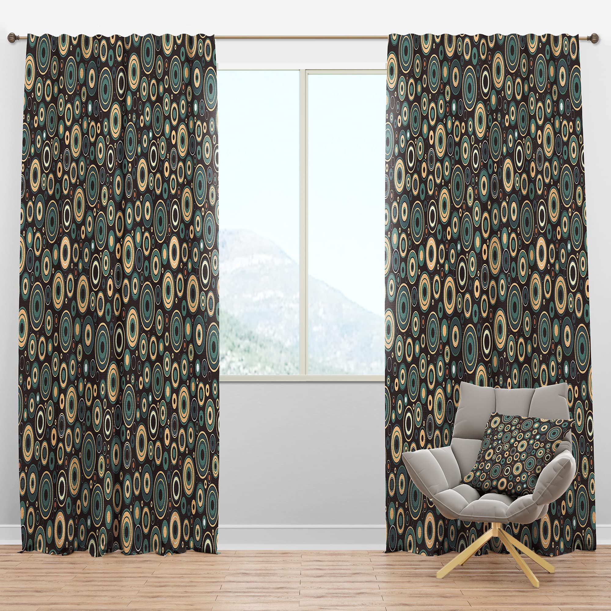 Brown and Blue Retro Circular Blackout Curtains - Thermal Insulated Single Panel (52x108 inches) for Bedroom & Living Room - Noise Reducing & Energy Saving Window Drapes for Home Decor, Office, and Nursery