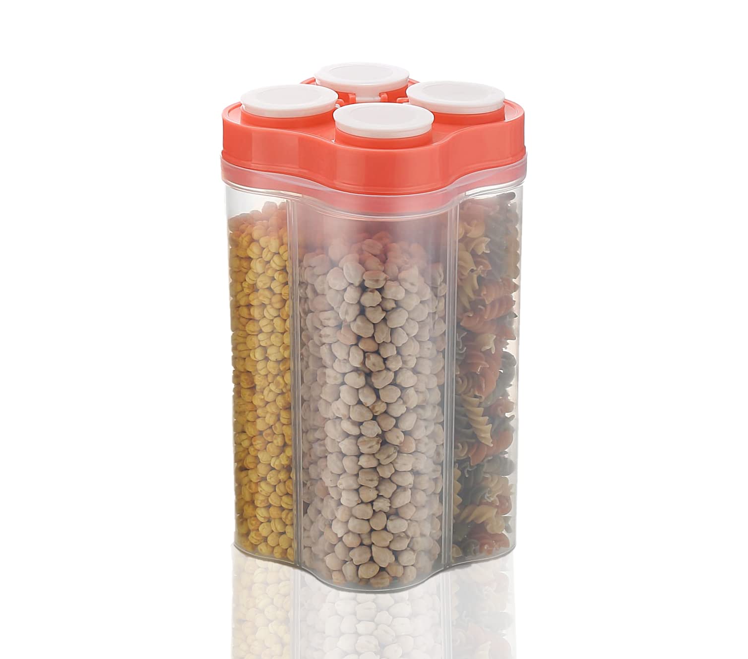 Tosaa 2500ML Airtight Transparent Plastic Lock Food Storage Container - 4 Section BPA-Free Kitchen Jar for Grocery, Fridge, Pantry Organization (Pack of 1, Orange) | Perfect for Meal Prep, Snack Storage & Leftovers