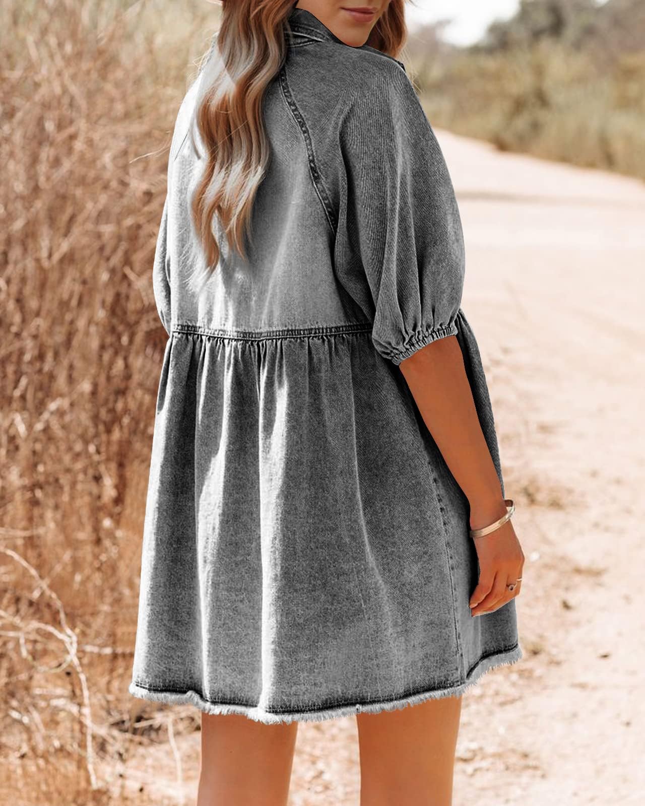 **Pepochic Women's Summer Denim Dress - Button Down Short Sleeve Babydoll Dress with Puff Sleeves & Flowy Fit - Casual Outing, Beach Wear, Date Night Outfit**