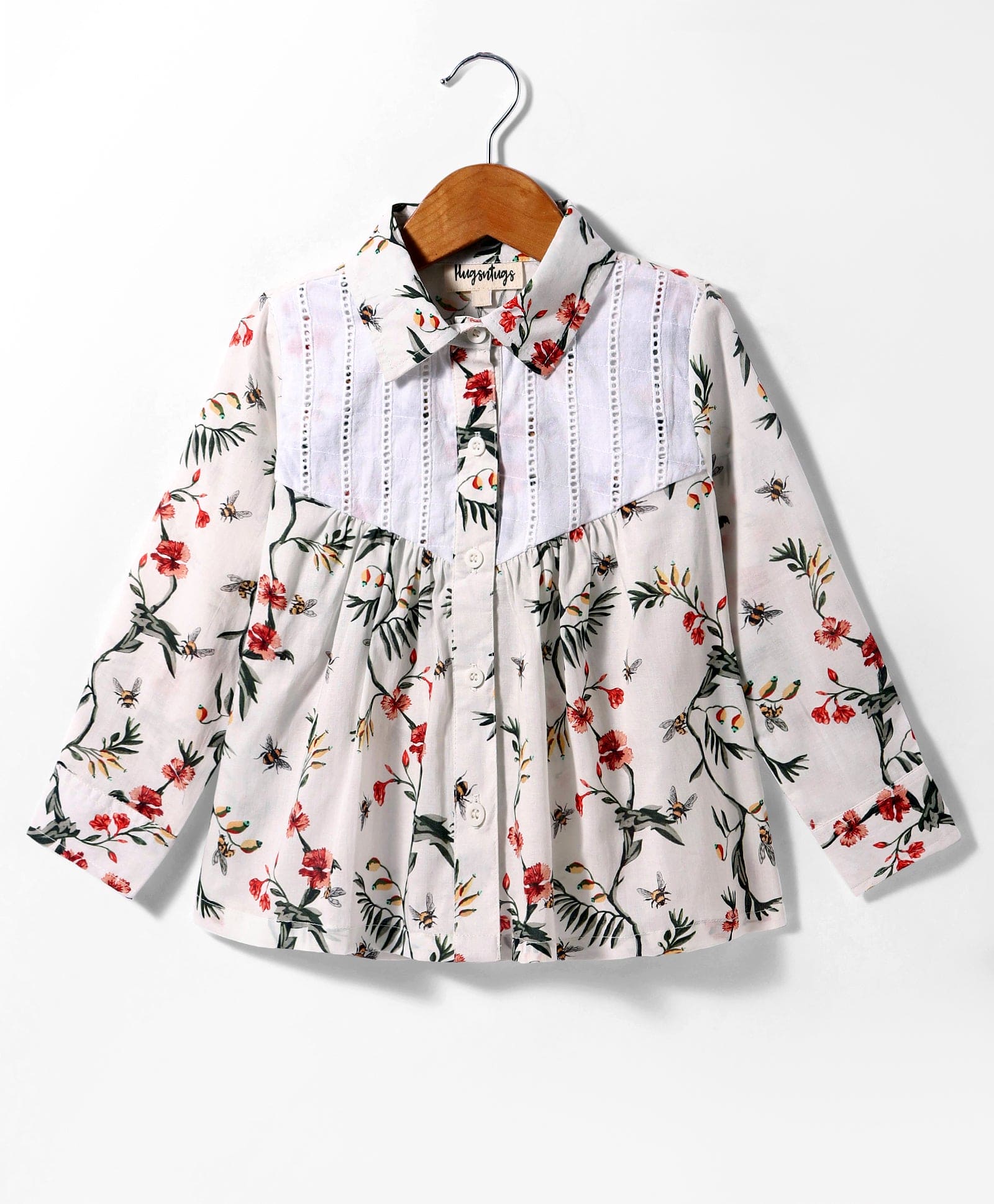 Pre Order: Floral Print Full Sleeves Button Down Shirt with Ladder Lace Inserts at Yoke - White | Women's Fashion Blouse for Spring, Office Wear & Casual Outfits