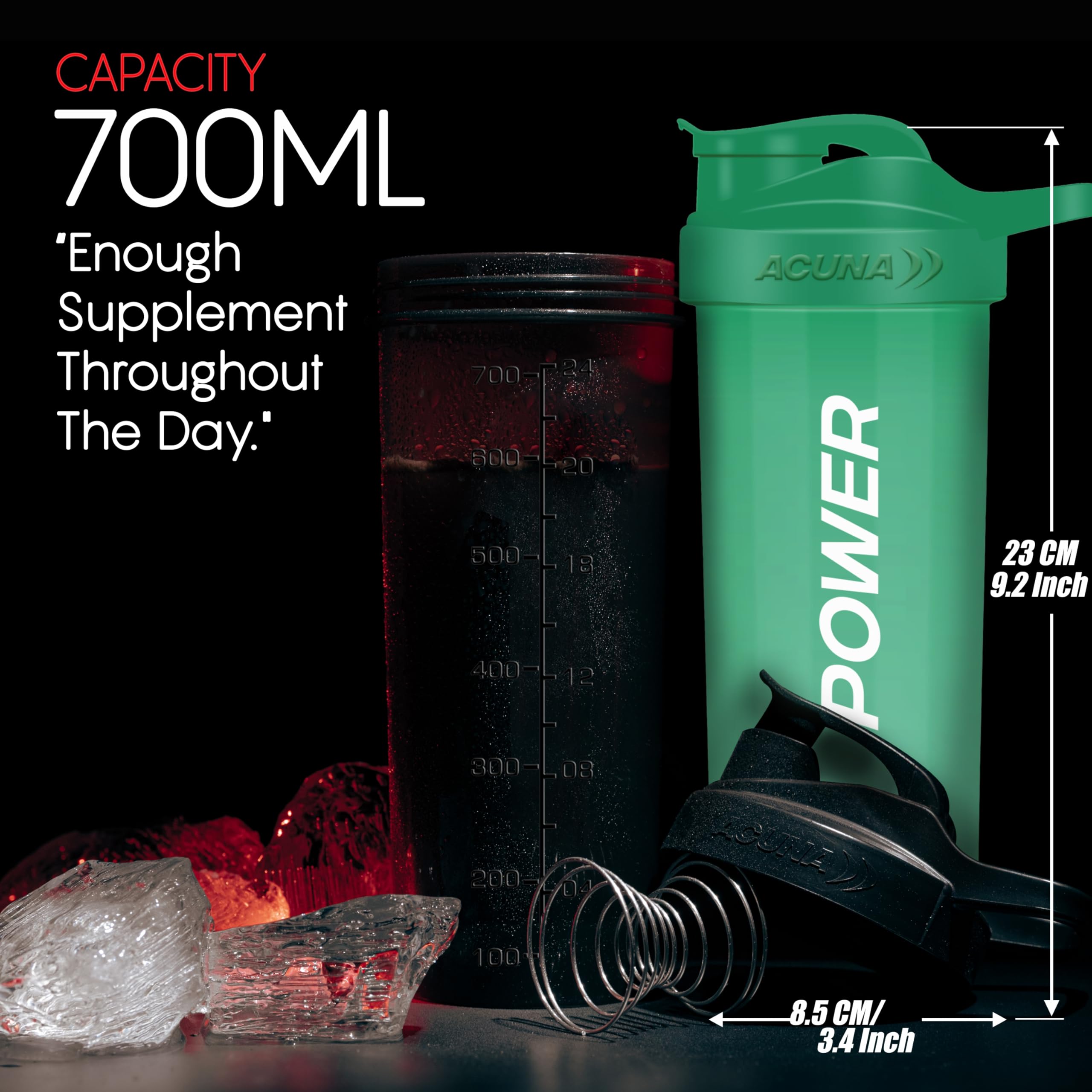 ACUNA POWER 700ml Protein Shaker Bottle - BPA Free, Leak Proof, Secure Screw Cap - Ideal for Gym, Workout & Sports Nutrition (2 Pack, Black) - Perfect for Protein Powder, Pre-Workout & Meal Replacement Drinks