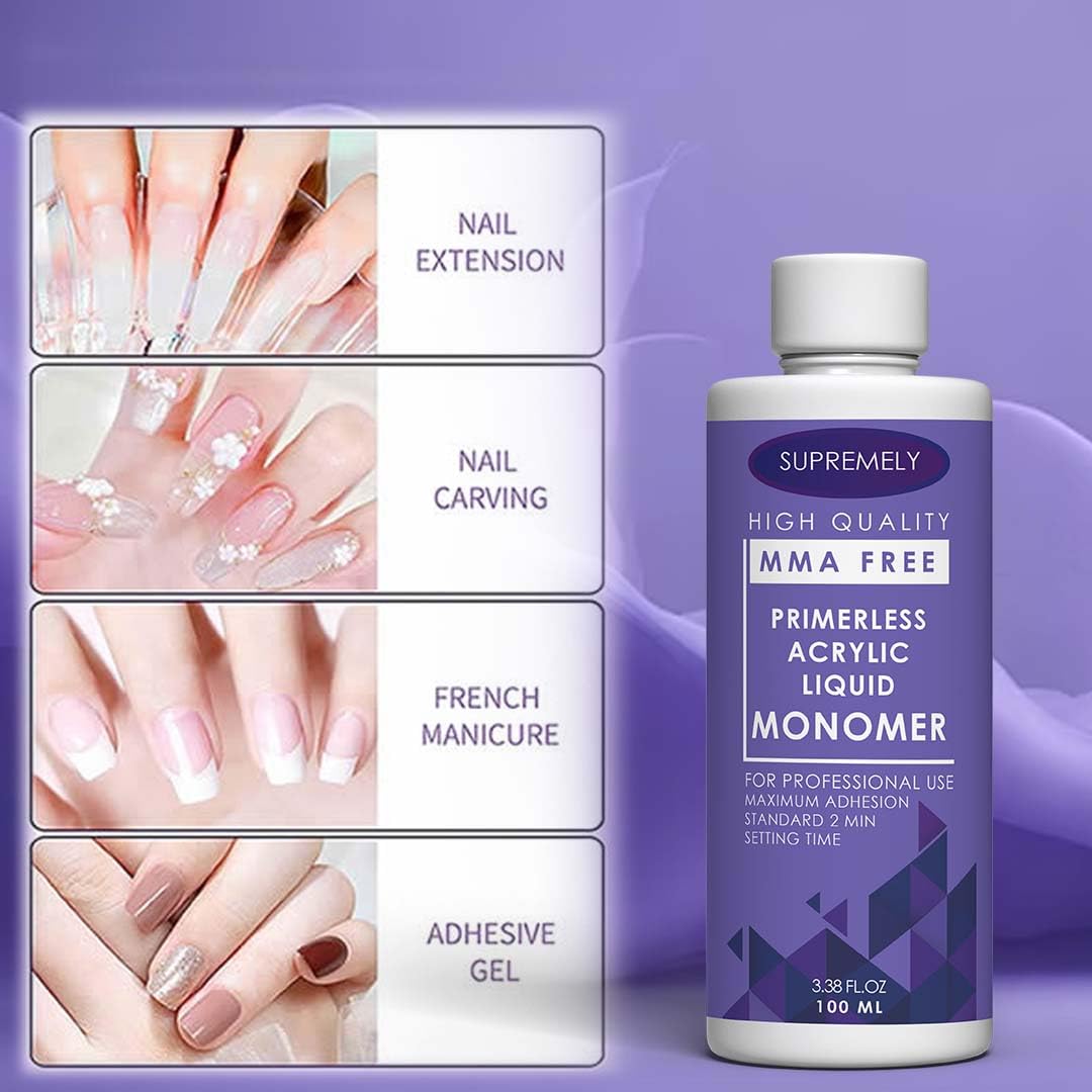Professional Salon MMA-Free Acrylic Liquid Monomer - Non-Yellowing, Medium Drying Time, Maximum Strength Nail Adhesive for Nail Extensions (100ml, Purple) - Perfect for Natural & Artificial Nails - Home & Salon Use by Supremely