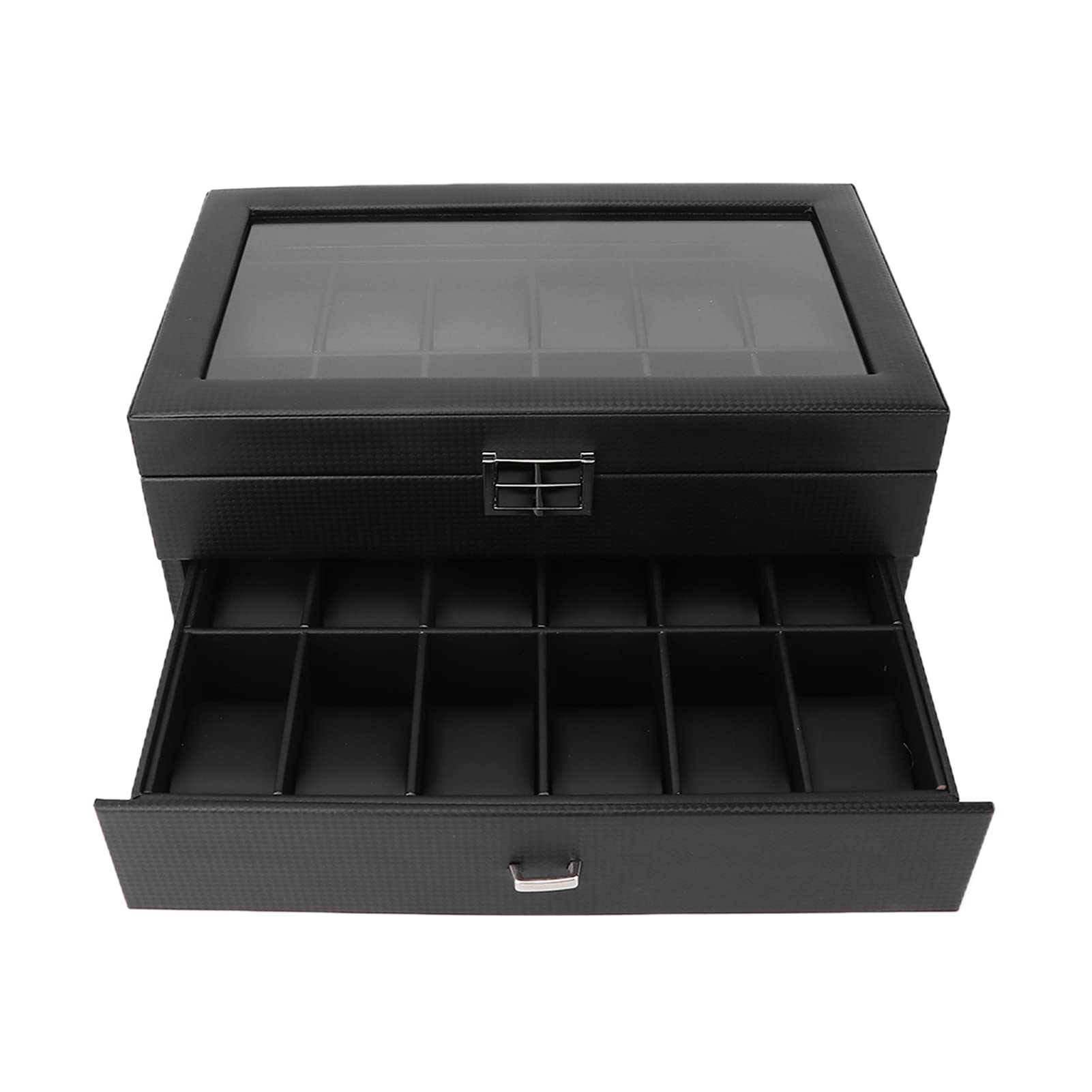 AUHX 24-Slot Jewelry & Watch Display Case - PU Leather Liner with Carbon Fiber & Clear Lid - Perfect for Jewelry Storage, Watch Collection Organization & Retail Store Display