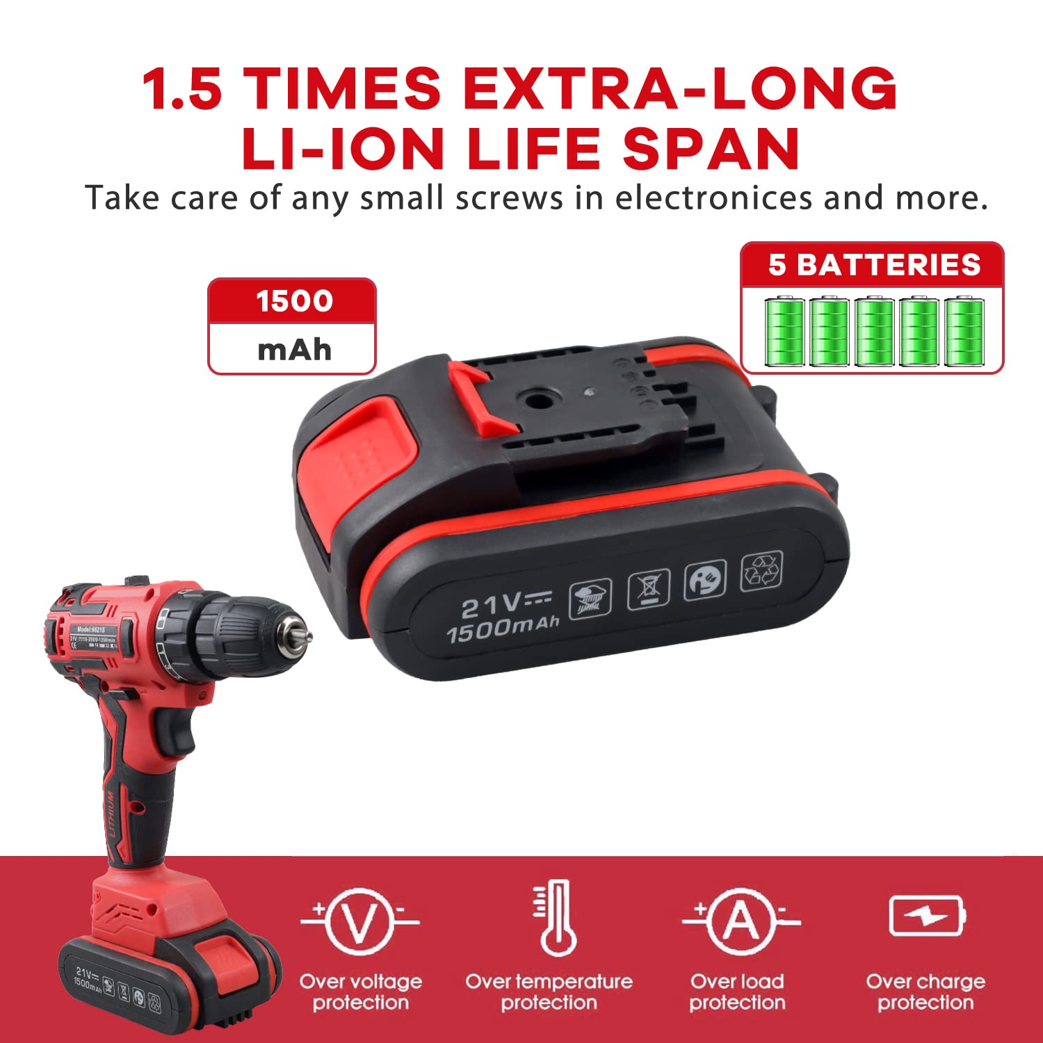 21V Max Cordless Drill/Driver Kit with 112pcs Accessories - Brushless Power Tool Set for Home Repair, DIY Projects & Construction Work | Jar-Owl Red Household Hand Tool Kit for Drilling, Screwing & Fastening Tasks