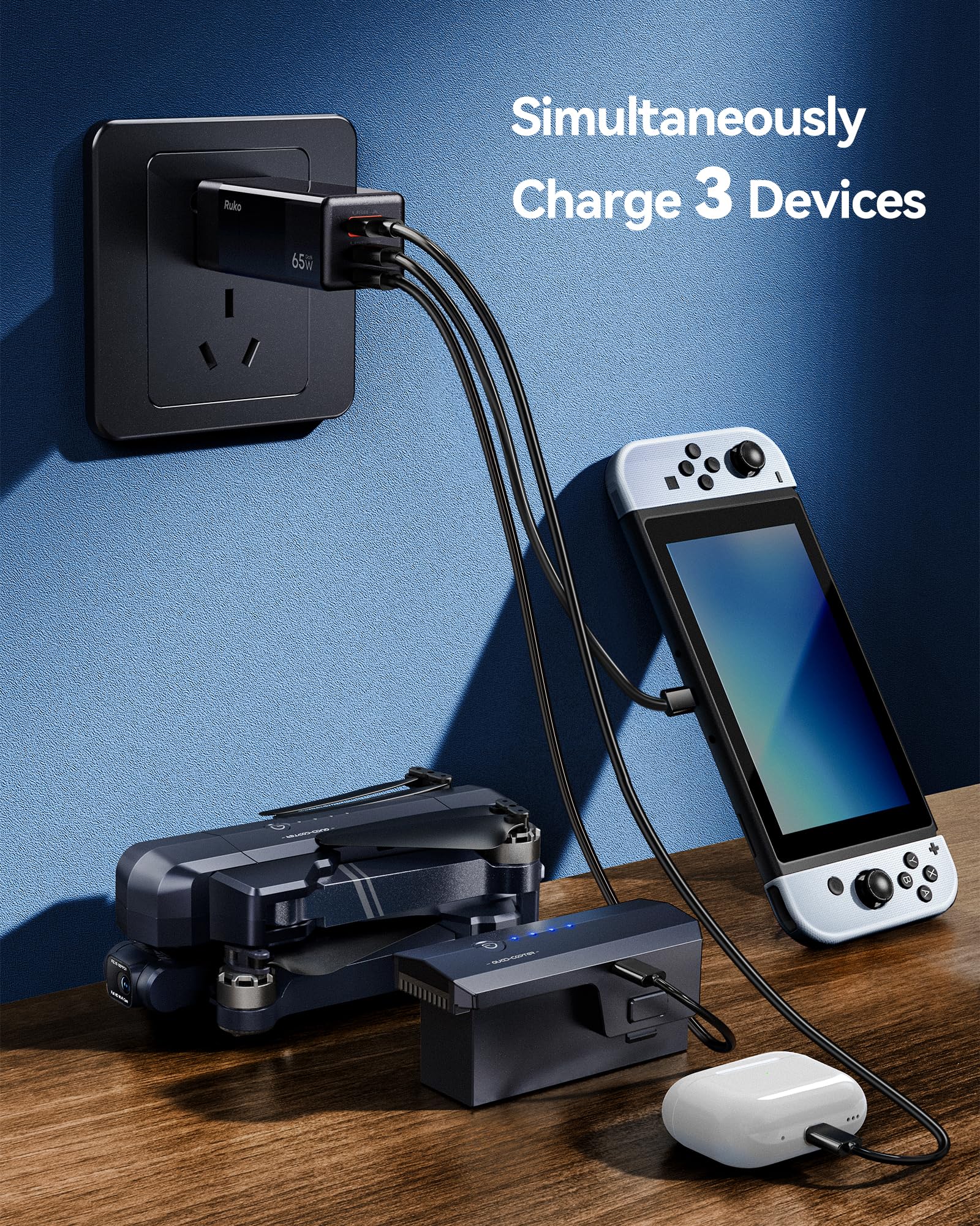 Ruko PD65W 3-Port GaN Fast Charger Block - Compact Foldable Wall Charger for iPhone 16/15, MacBook Pro/Air, Galaxy S24, Pixel, Drone, Switch - Fast Charging for Travel, Office & Home Use - Black