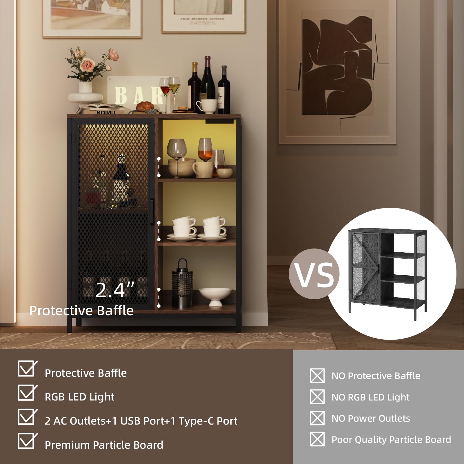 Redlife LED Mini Bar Cabinet with Storage - Modern Home Liquor Cabinet, Coffee Bar & Buffet Storage for Kitchen, Living Room, or Dining Room - Perfect for Entertaining Guests & Organizing Drinks
